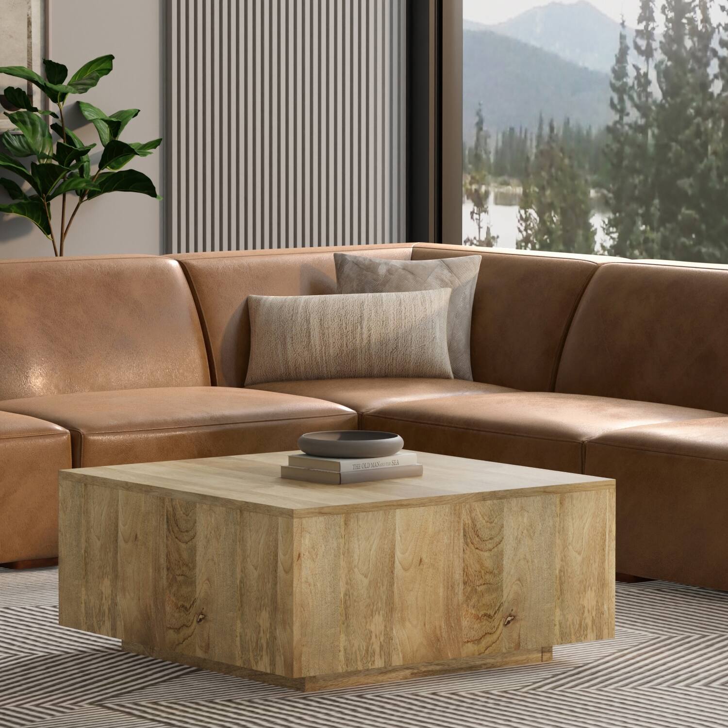 Angle. Simpli Home - Rex Corner Sofa Module in Genuine Leather - Caramel Brown.