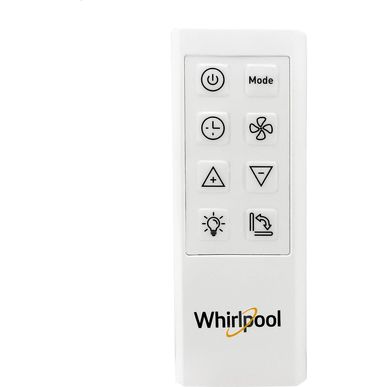 The image shows a white remote control with a Whirlpool logo on it. The remote control has a mode button, along with other buttons for various functions, such as temperature and fan settings. The remote control is designed to operate a Whirlpool air conditioner or heater, providing users with a convenient way to control the device's settings and functions.