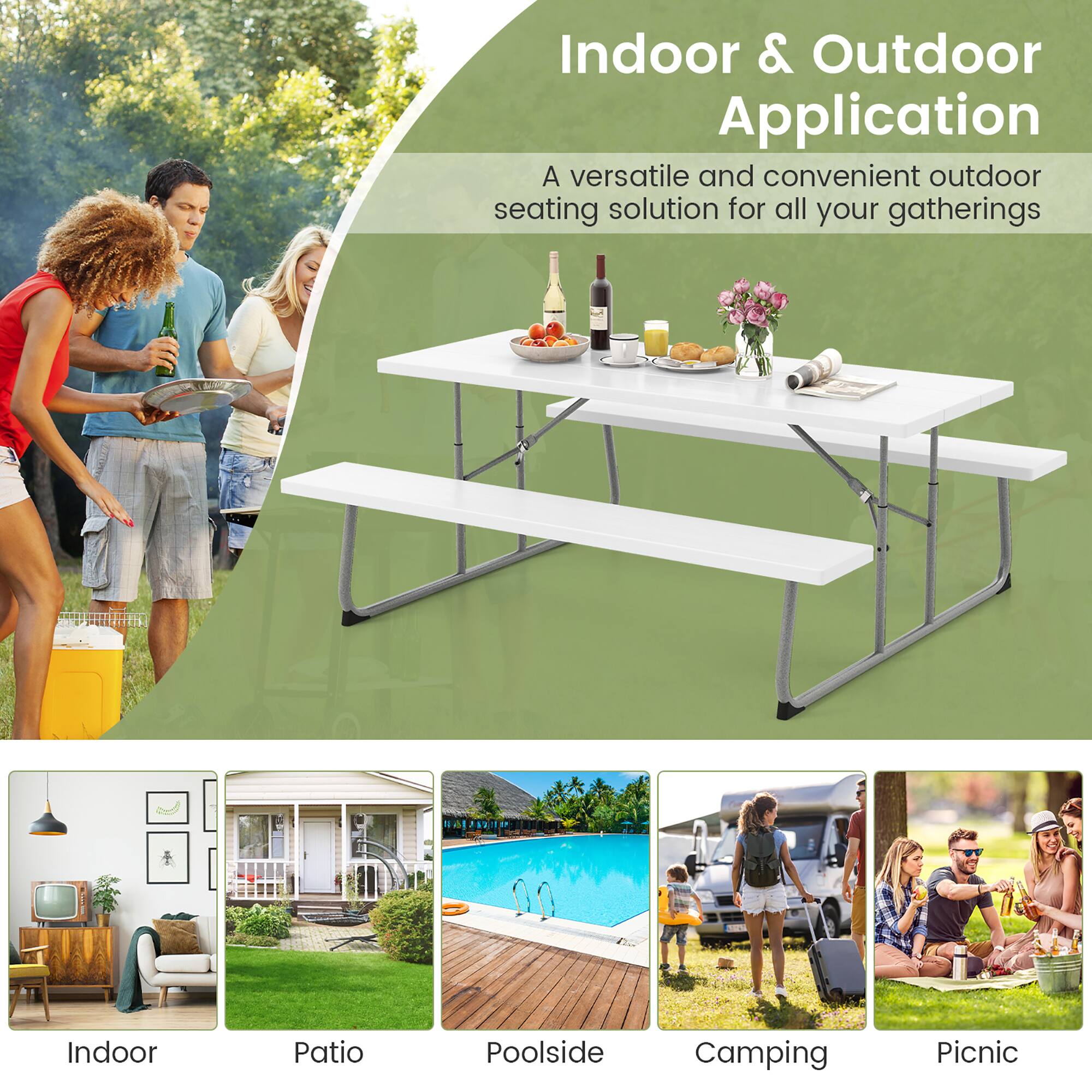 Indoor & Outdoor Application

A versatile and convenient outdoor seating solution for all your gatherings

- Indoor
- Patio
- Poolside
- Camping
- Picnic