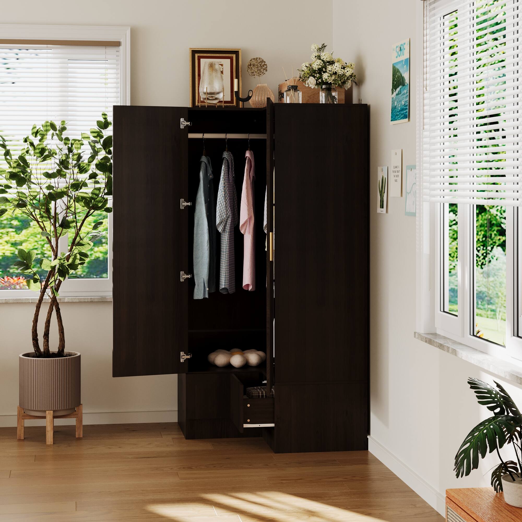 Alt View 10. FUFU&GAGA - Corner Wardrobe Closet L Shaped Armoire with Hanging Rod Shelves and Drawers Space Saving Storage for Small Bedroom - Brown.