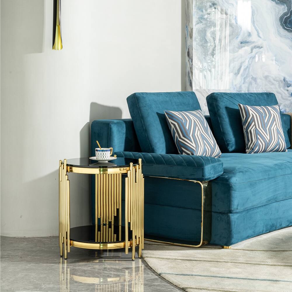 Angle. Loheer - Loheer Round End Table Black Glass Side Table Gold Metal Frame - Black.