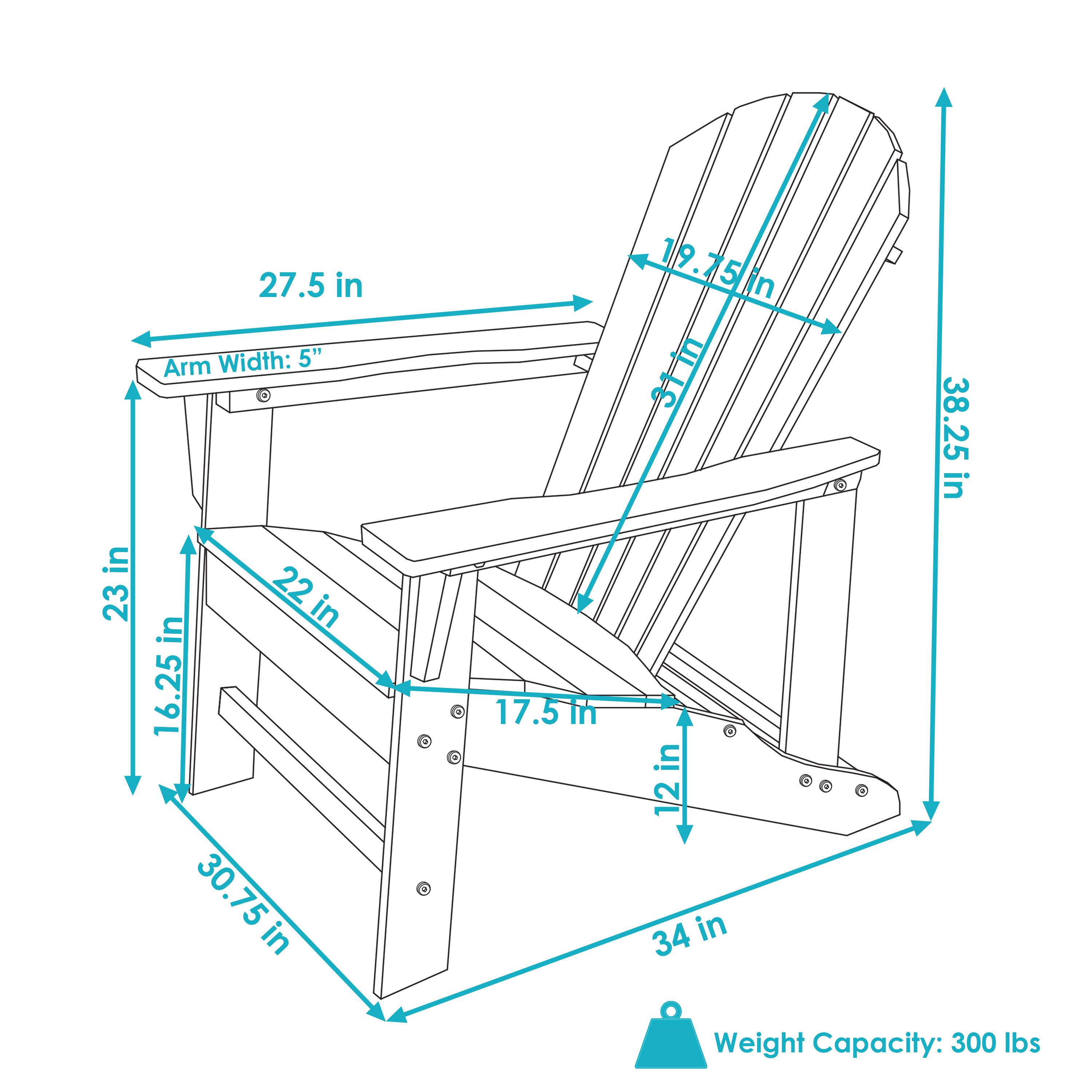 - Arm Width: 5"
- Arm Length: 27.5 in
- Seat Width: 22 in
- Seat Depth: 17.5 in
- Back Height: 19.75 in
- Back Width: 38.25 in
- Overall Height: 34 in
- Overall Width: 30.75 in
- Overall Depth: 23 in
- Weight Capacity: 300 lbs