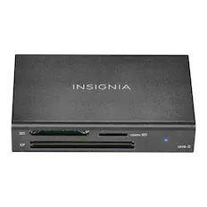 The text on the image reads "Insignia SD micro SD CF UHS-I." This indicates that the device is a memory card reader, specifically designed to read micro SD cards, SD cards, and CompactFlash cards. The UHS-I designation suggests that it is capable of high-speed data transfer.