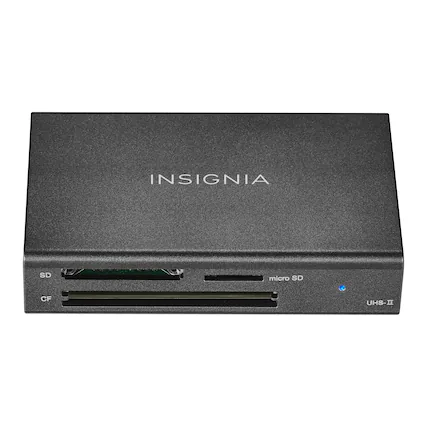 The text on the image reads "Insignia SD micro SD CF UHS-I." This indicates that the device is a memory card reader, specifically designed to read micro SD cards, SD cards, and CompactFlash cards. The UHS-I designation suggests that it is capable of high-speed data transfer.