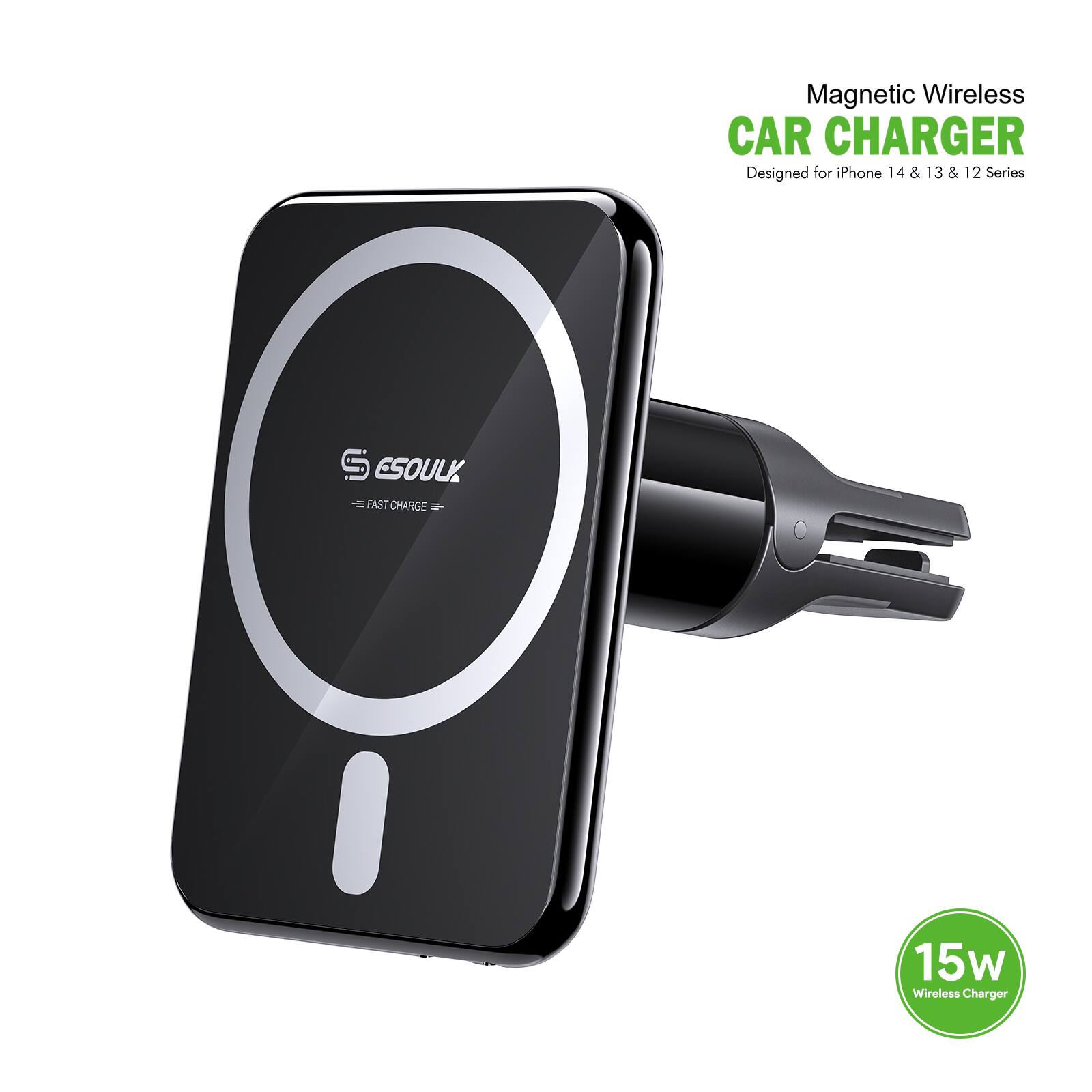Magnetic Wireless CAR CHARGER, Designed for iPhone 14 & 13 & 12 Series, S ESOULK, FAST CHARGE, 15w Wireless Charger