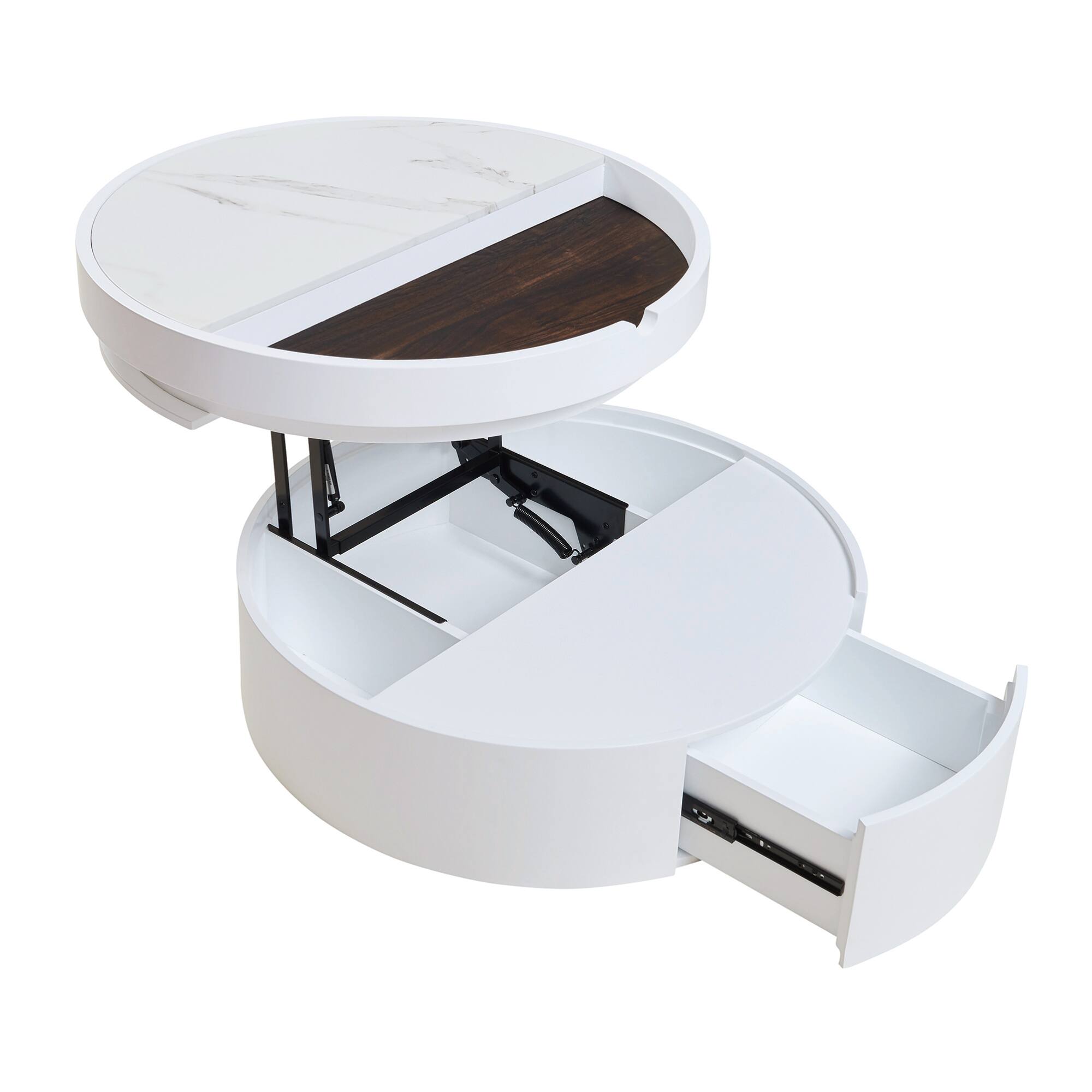 Alt View 9. GOODSILO - Round Lift-Top Coffee Table with Drawer and Dual-Tone Marble Wood Grain Design - White+Walnut.