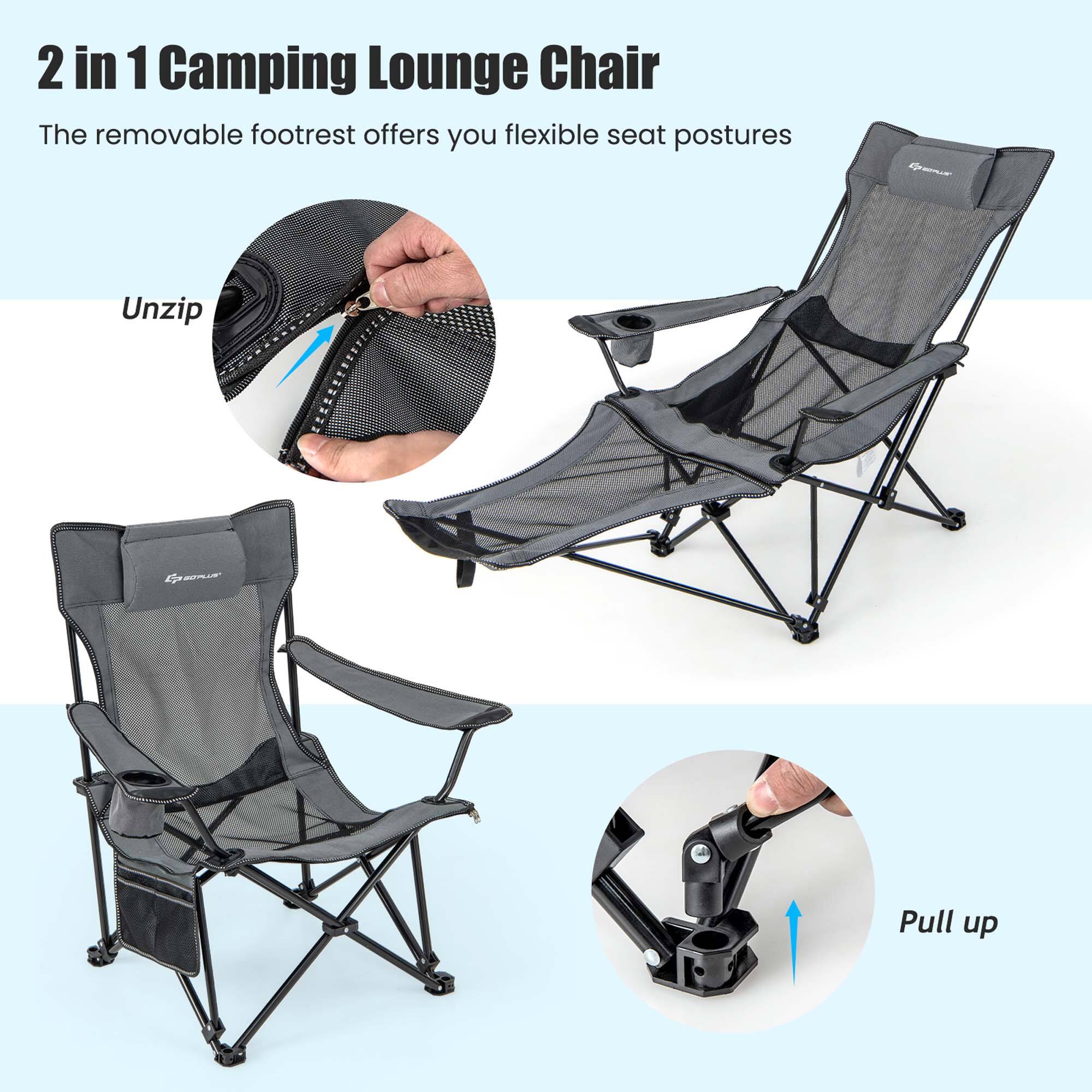 2 in 1 Camping Lounge Chair: The removable footrest offers you flexible seat postures. Unzip and Pull up.