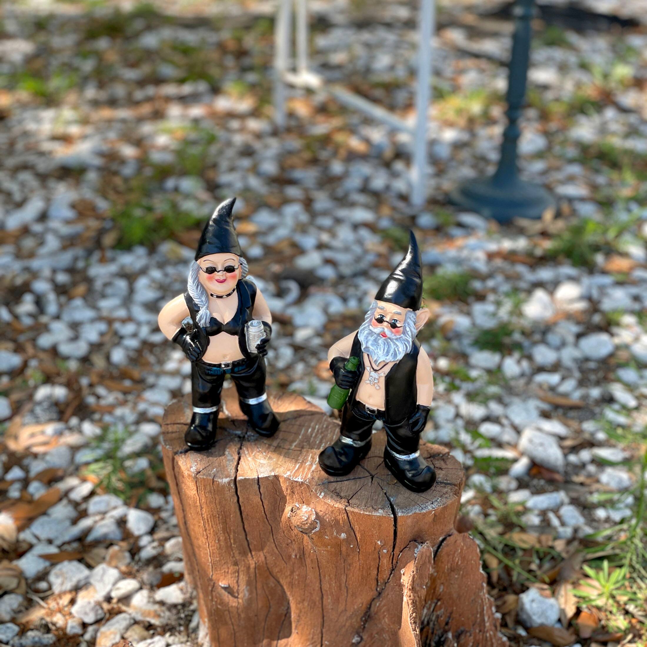 Zeckos Gnoschitt and Gnofun Thirsty Biker Garden Gnome Statues 7.5