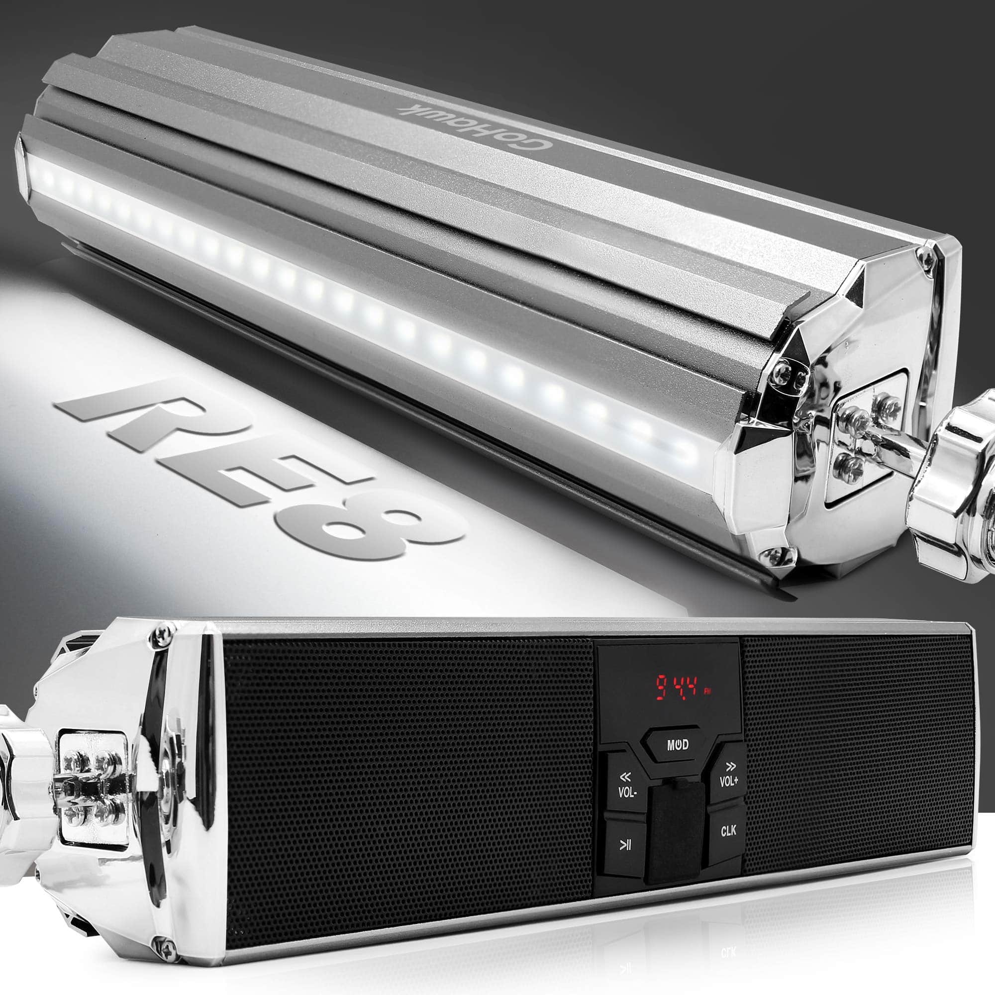 GoHawk - Bluetooth Motorcycle Speakers, Waterproof Soundbar Stereo Audio Stereo System w/ LED, FM Radio, USB Music for ATV, RE8 - Silver