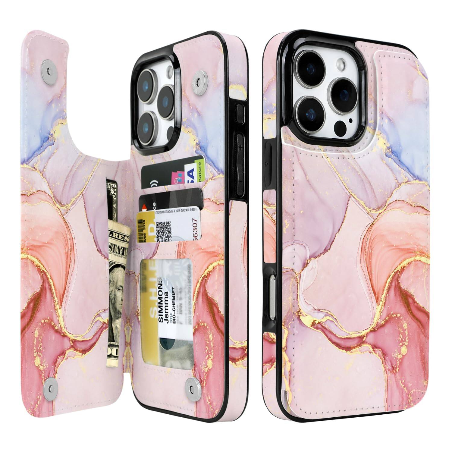 Jadie Link - Pro Wallet Case Card Holder Leather Rfid Blocking Design Flip Women Men Magnetic Clasp Kickstand 6.3 Inch desert Flowers - Pink Purple Marble-iPhone 16 Pro Max
