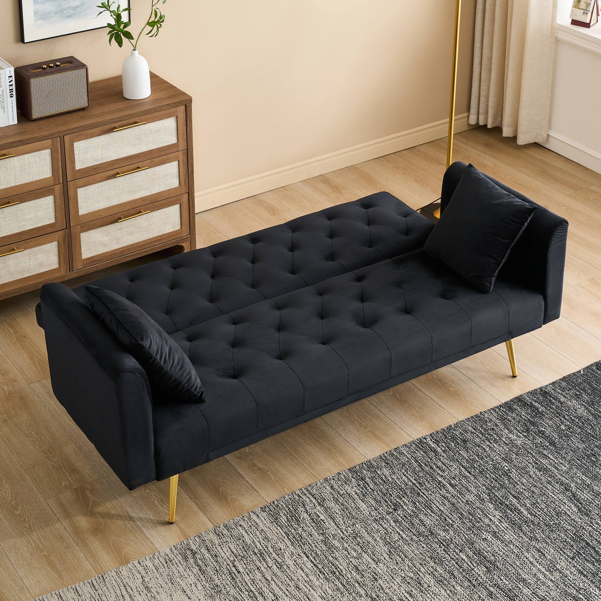 Left. GOODSILO - Convertible Velvet Sofa Bed with Adjustable Backrest for Small Spaces, Living Room and Office Use - Black.