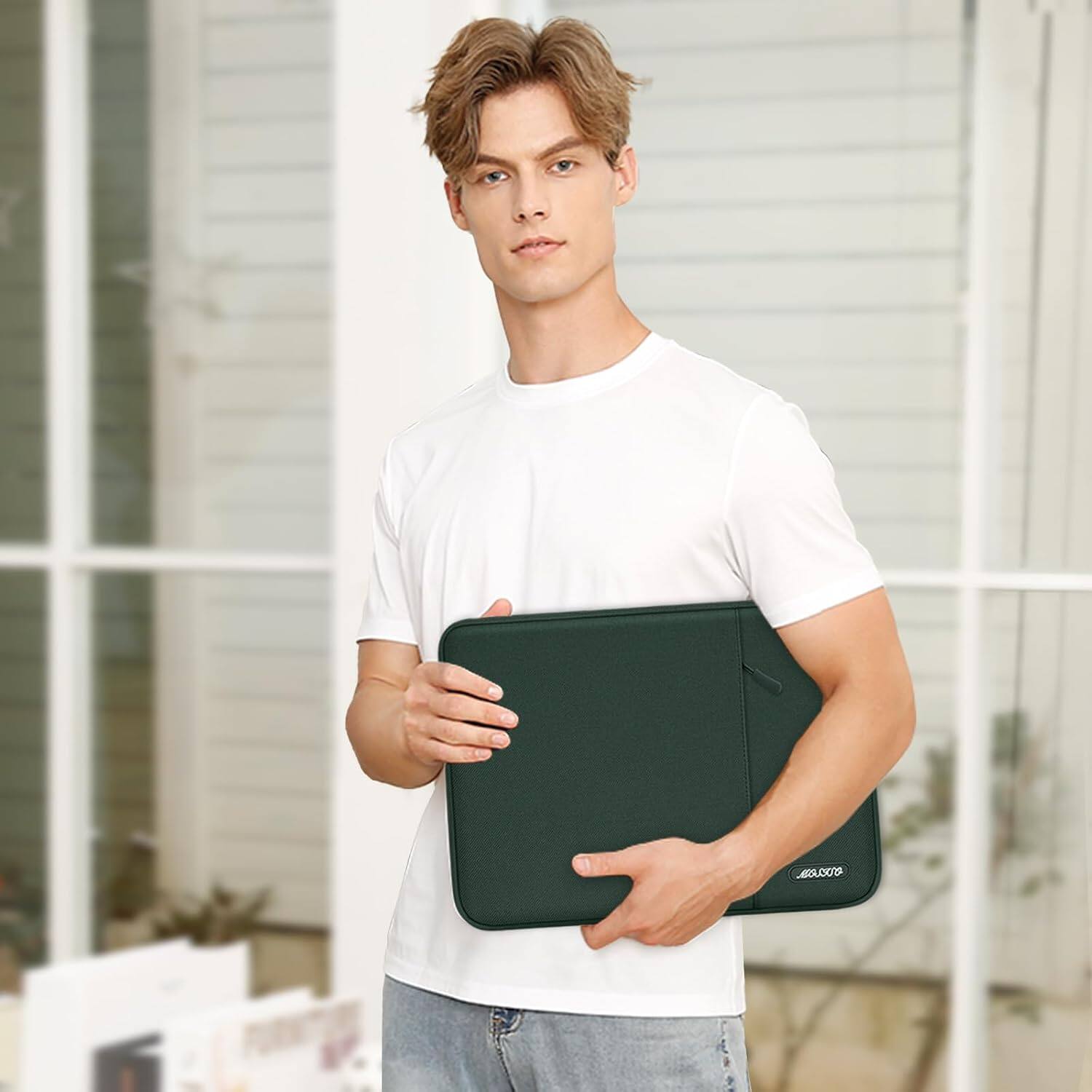 Alt View 3. mosiso - 11.6-12.3 Inch Laptop Sleeve with Pocket, Polyester Vertical Case for MacBook Air 11.6 Acer HP Dell Lenovo Samsung - Midnight Green.