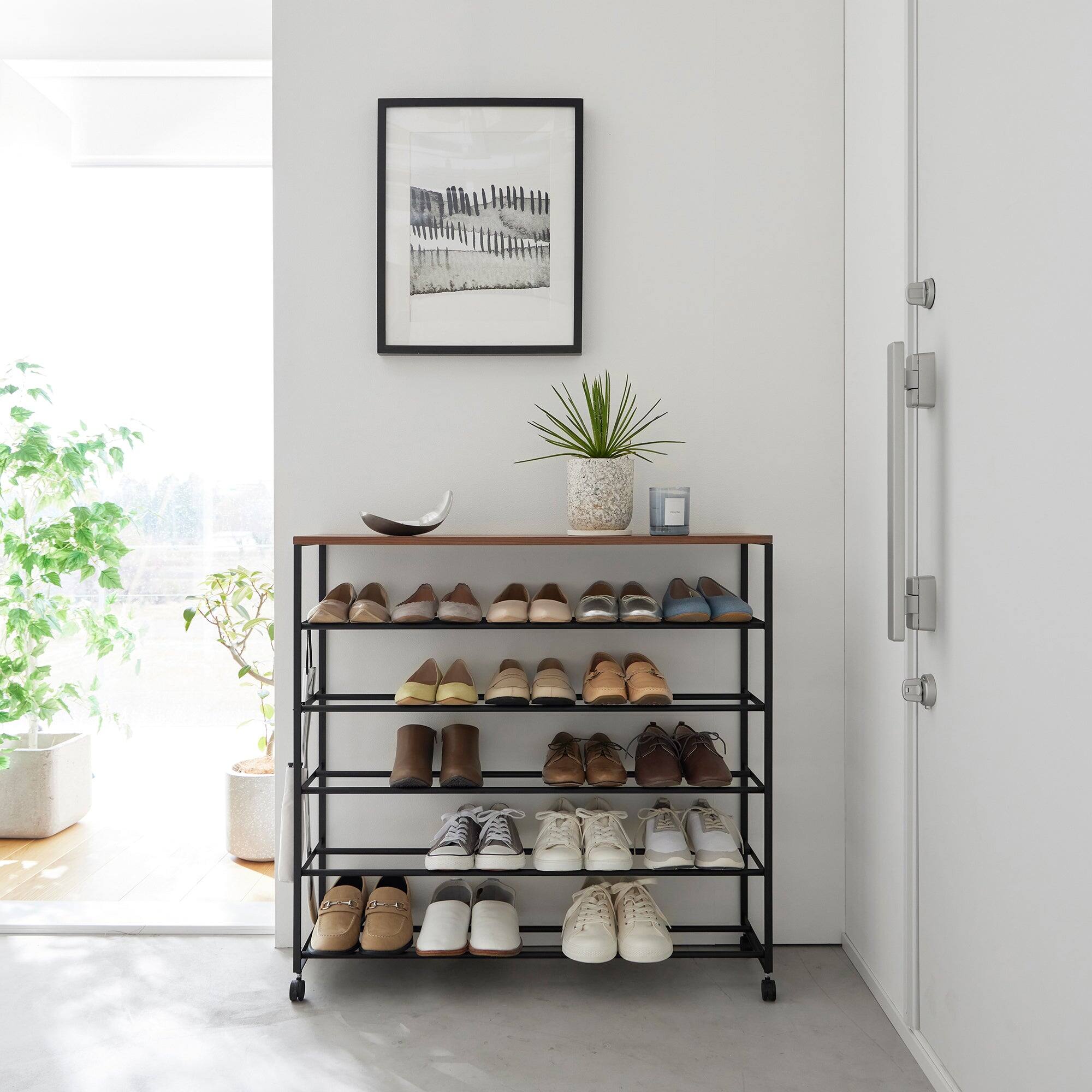 Alt View 6. Yamazaki Home - Rolling Five-Tier Shoe Rack (34.25" H)  - Steel + Wood - Black.