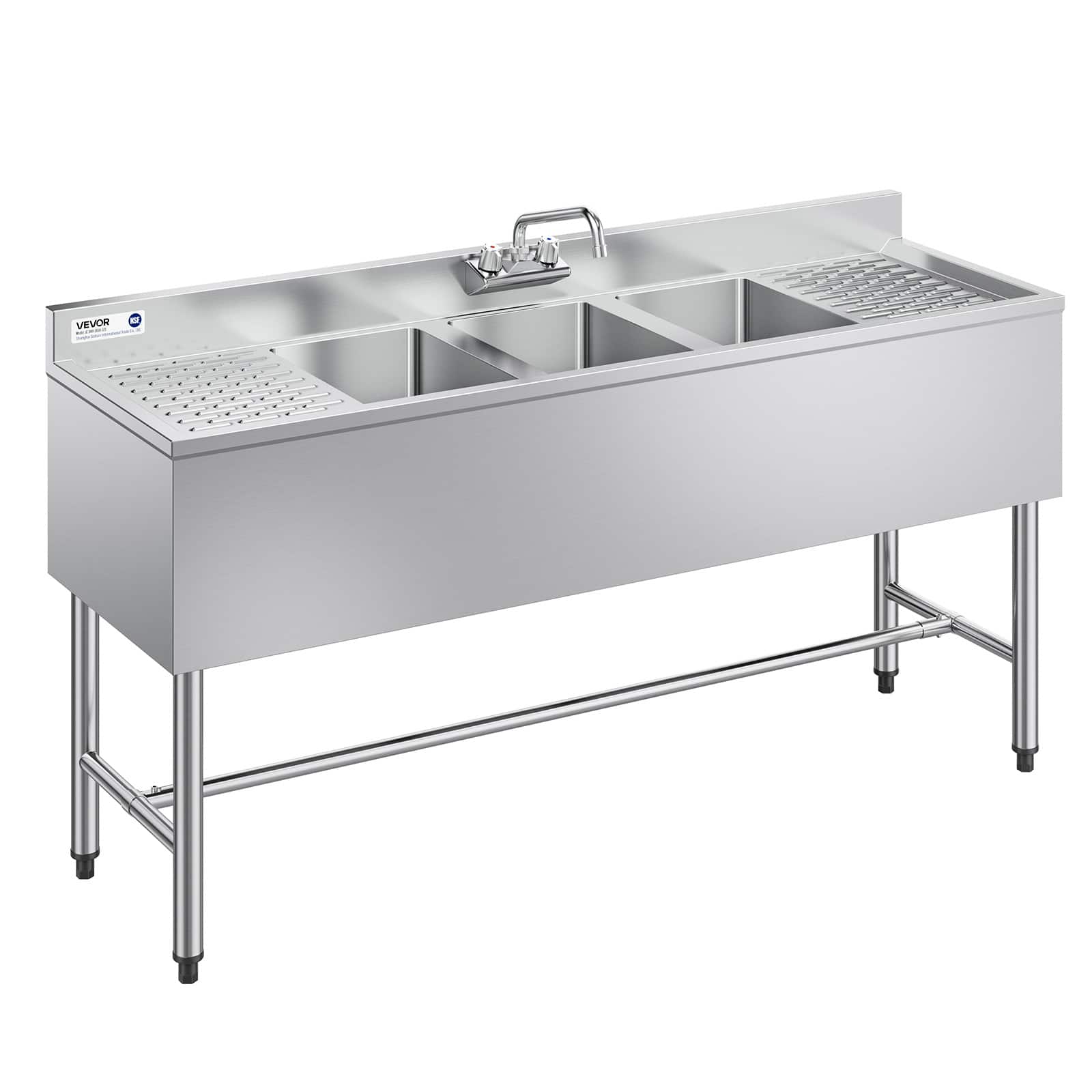 VEVOR - 3 Compartment Sink, 18-Gauge 304 Stainless Steel, 10" x 14" x 10" Bowl Size, 3 Bay Commercial Under Bar Sink - Stainless steel color
