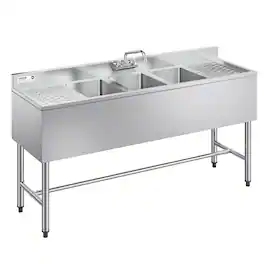 VEVOR - 3 Compartment Sink, 18-Gauge 304 Stainless Steel, 10" x 14" x 10" Bowl Size, 3 Bay Commercial Under Bar Sink - Stainless steel color