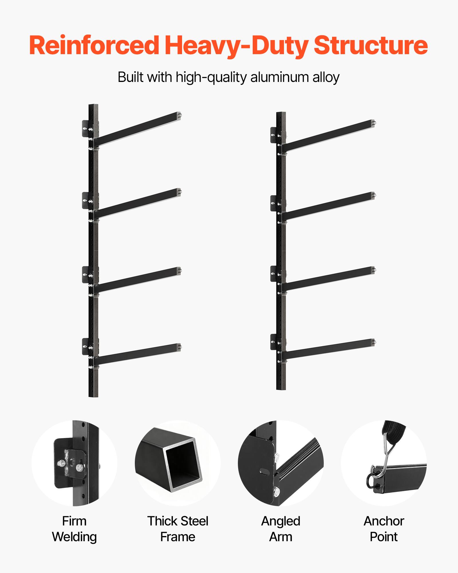 Reinforced Heavy-Duty Structure  
Built with high-quality aluminum alloy  

- Firm Welding  
- Thick Steel Frame  
- Angled Arm  
- Anchor Point