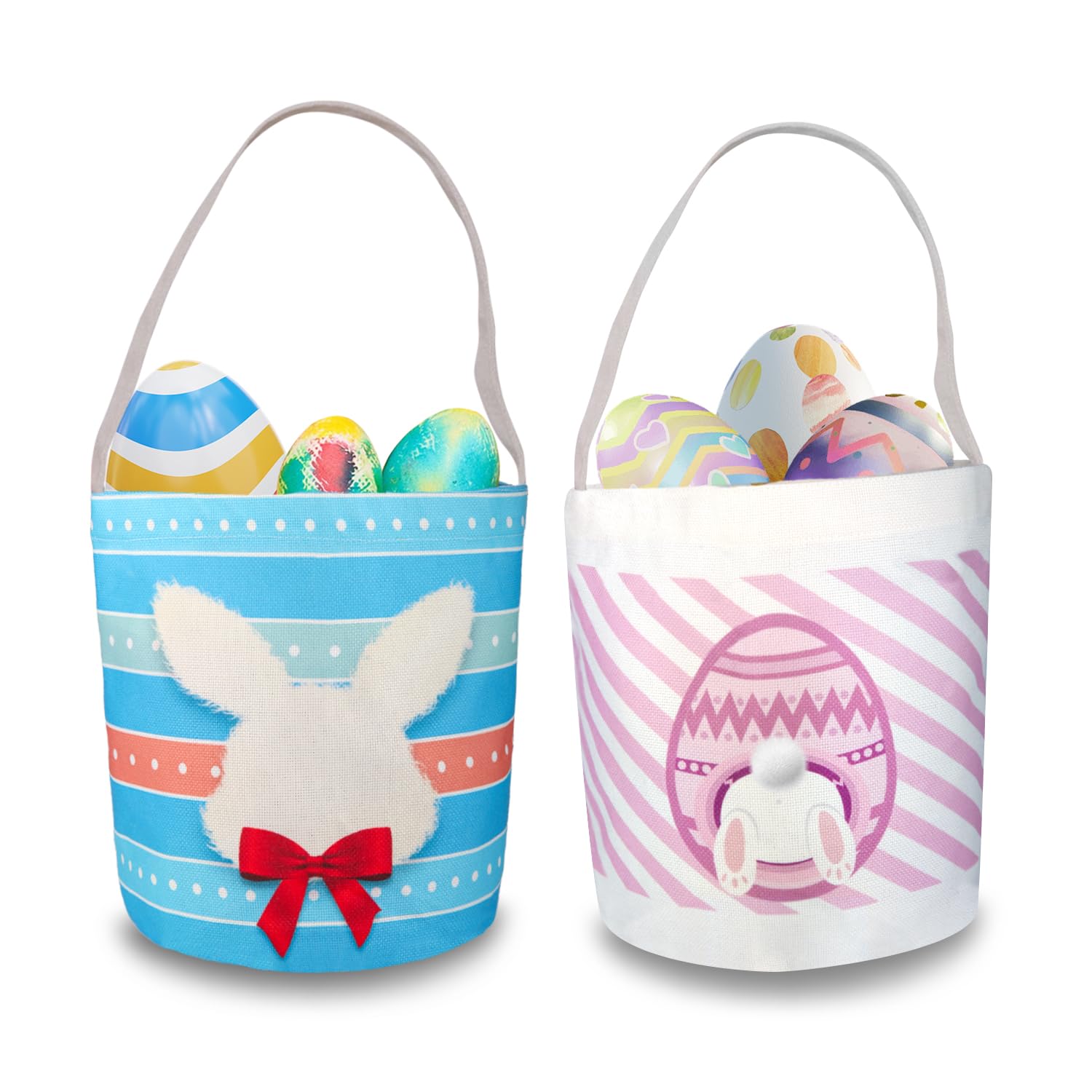 Paradigms Interiors - 2 Easter Egg Baskets For Eggs Hunt Basket Empty Pink Bunny Gifts Bags With Rabbit Fluffy Ears Party Favors - Fluffy Tail