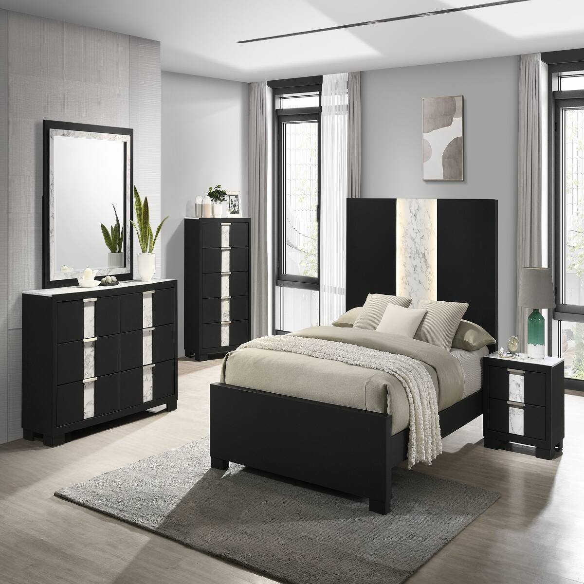 Loheer Contemporary Black Nightstand with Two Drawers Black and White ...