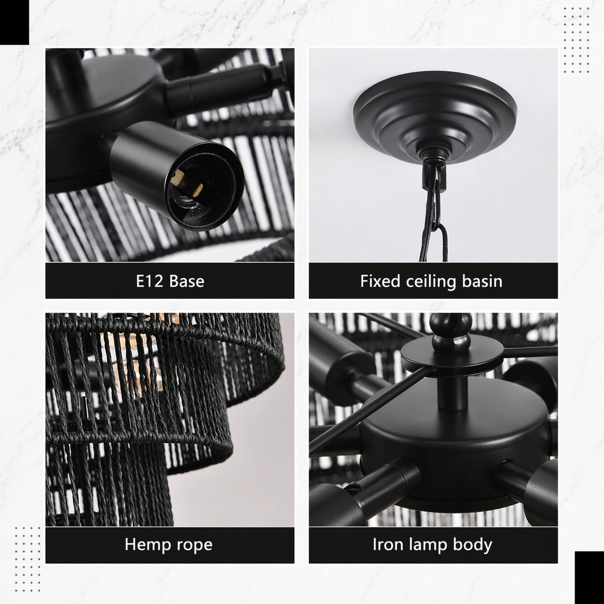 E12 Base  
Fixed ceiling basin  
Hemp rope  
Iron lamp body