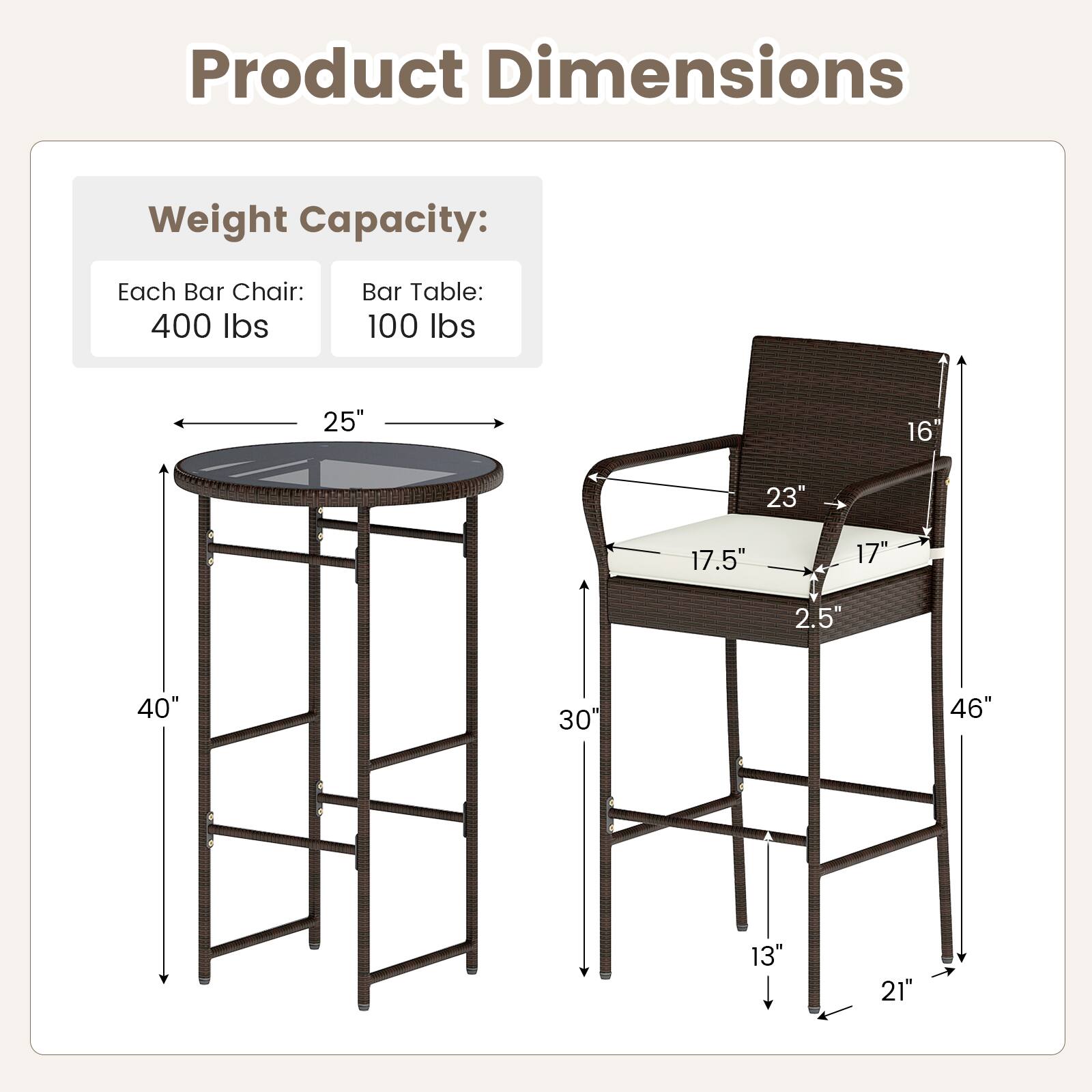 Product Dimensions

Weight Capacity:
- Each Bar Chair: 400 lbs
- Bar Table: 100 lbs

Bar Table:
- Diameter: 25"
- Height: 40"

Bar Chair:
- Seat Height: 30"
- Back Height: 46"
- Seat Depth: 17.5"
- Seat Width: 23"
- Armrest Height: 16"
- Armrest Width: 2.5"
- Base Width: 21"
- Base Depth: 13"