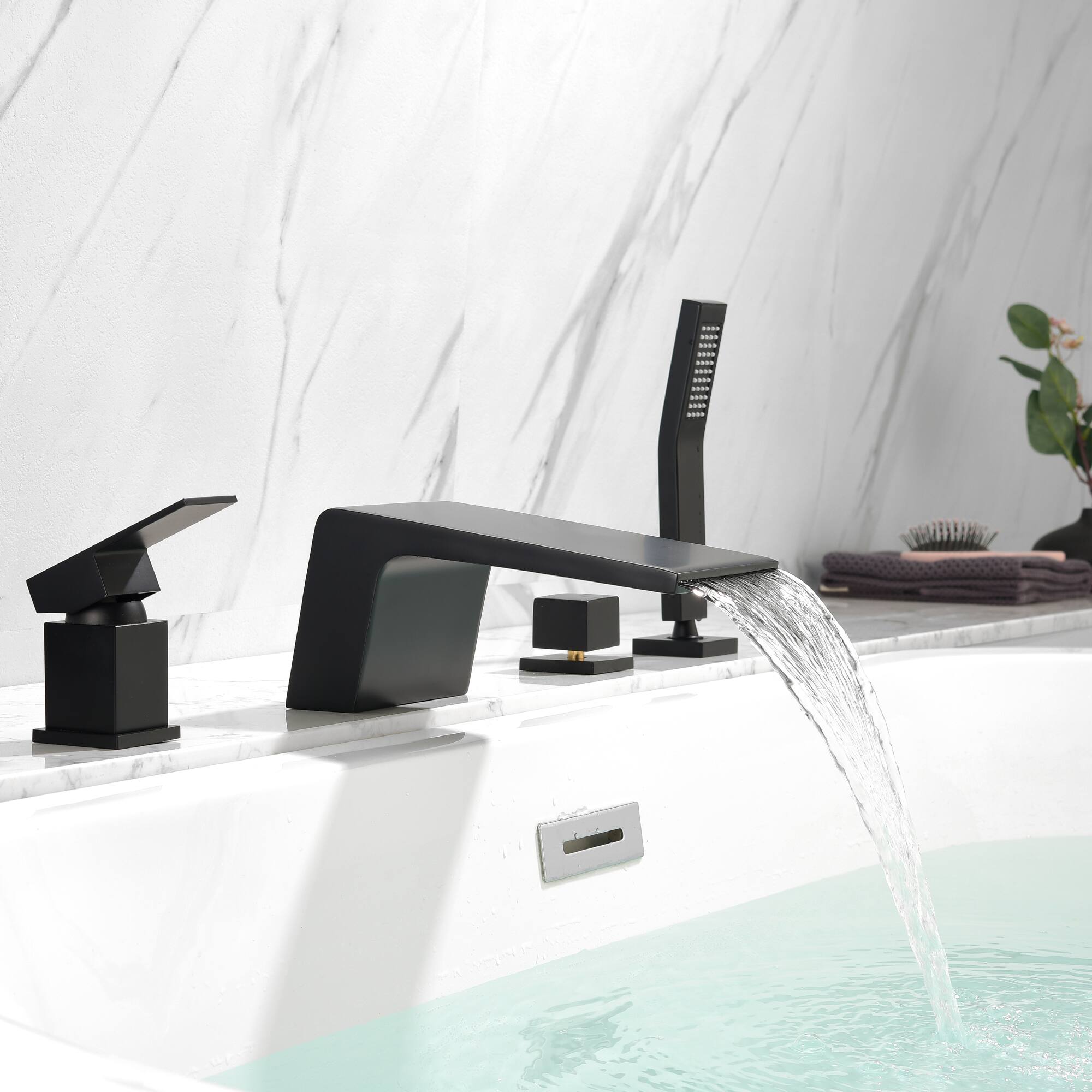 Angle. Boyel Living - Single-Handle Tub Deck Mount Roman Tub Faucet with Hand Shower and Water Suply Hose in Matte Black - Matte Black.