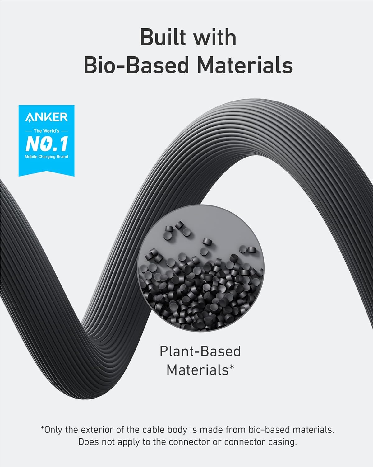 Built with Bio-Based Materials

ANKER  
The World's NO.1 Mobile Charging Brand

Plant-Based Materials*

*Only the exterior of the cable body is made from bio-based materials.  
Does not apply to the connector or connector casing.
