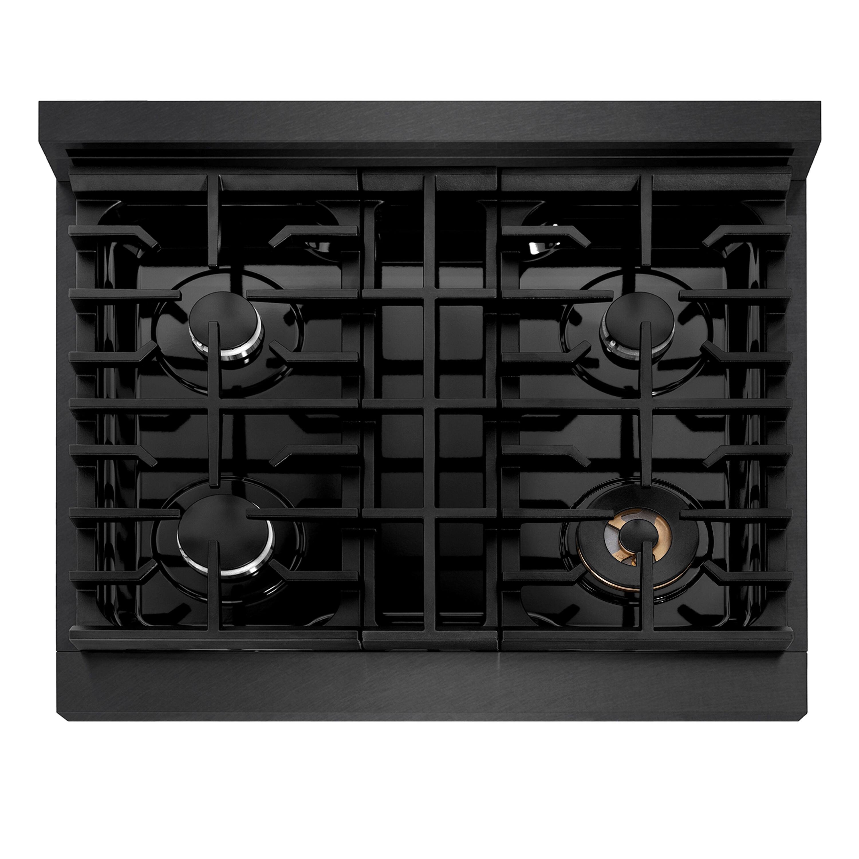 Left. ZLINE - ZLINE 30 in. 4.2 cu. ft. Freestanding Paramount Dual Fuel Range with 4 Burner Gas Cooktop in Black Satin Stainless Steel - Black Satin Stainless Steel.