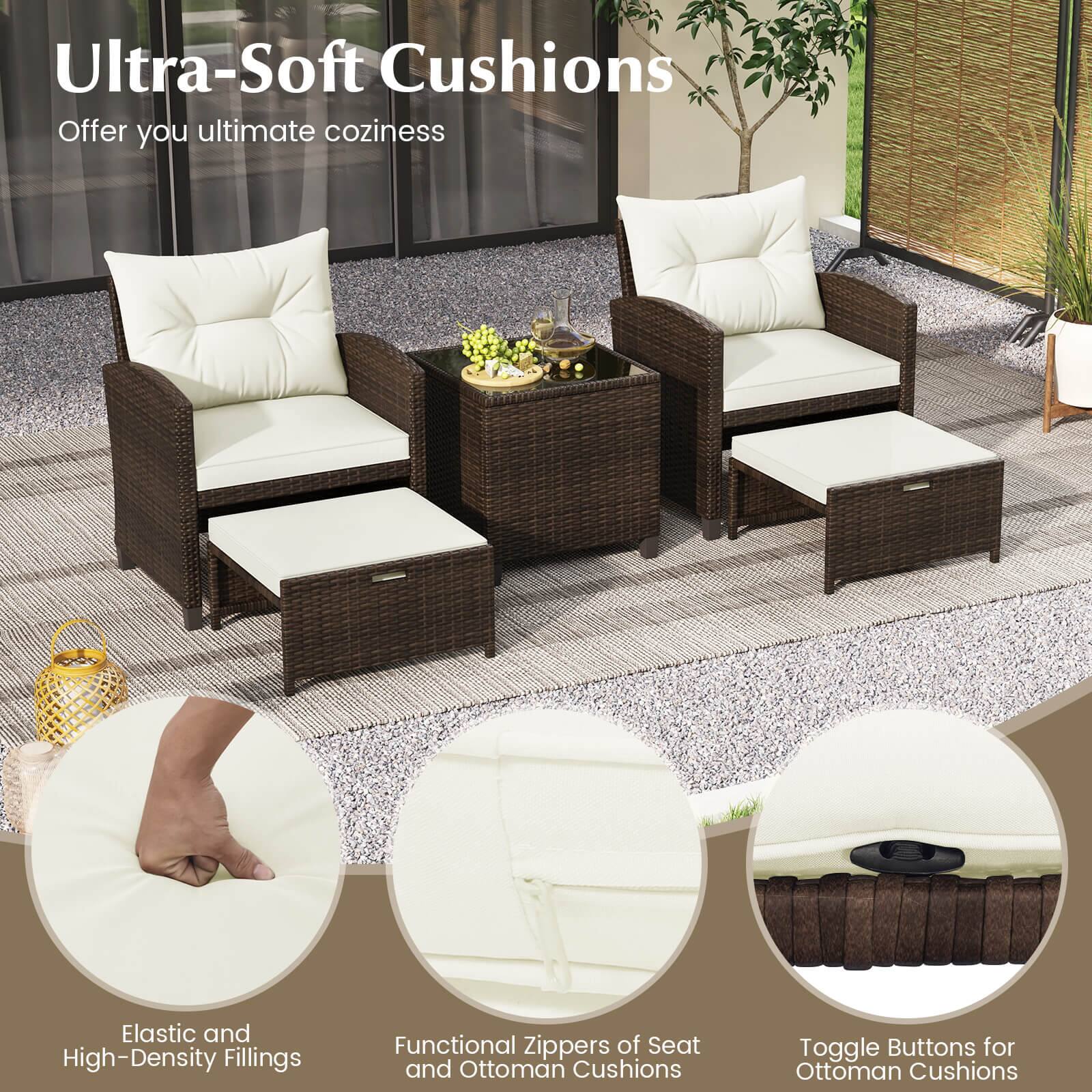 Ultra-Soft Cushions Offer you ultimate coziness. Elastic and High-Density Fillings. Functional Zippers of Seat and Ottoman Cushions. Toggle Buttons for Ottoman Cushions.