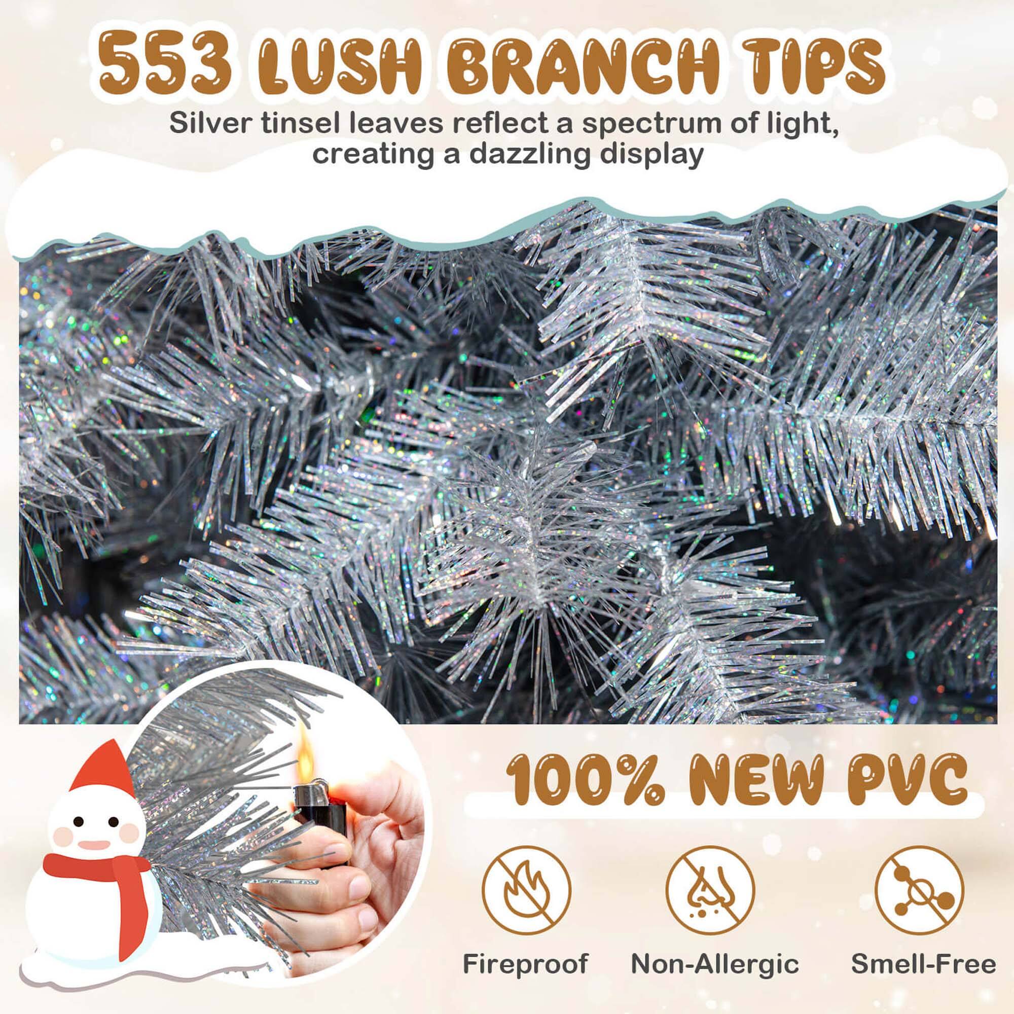 553 LUSH BRANCH TIPS
Silver tinsel leaves reflect a spectrum of light, creating a dazzling display
100% NEW PVC
Fireproof
Non-Allergic
Smell-Free