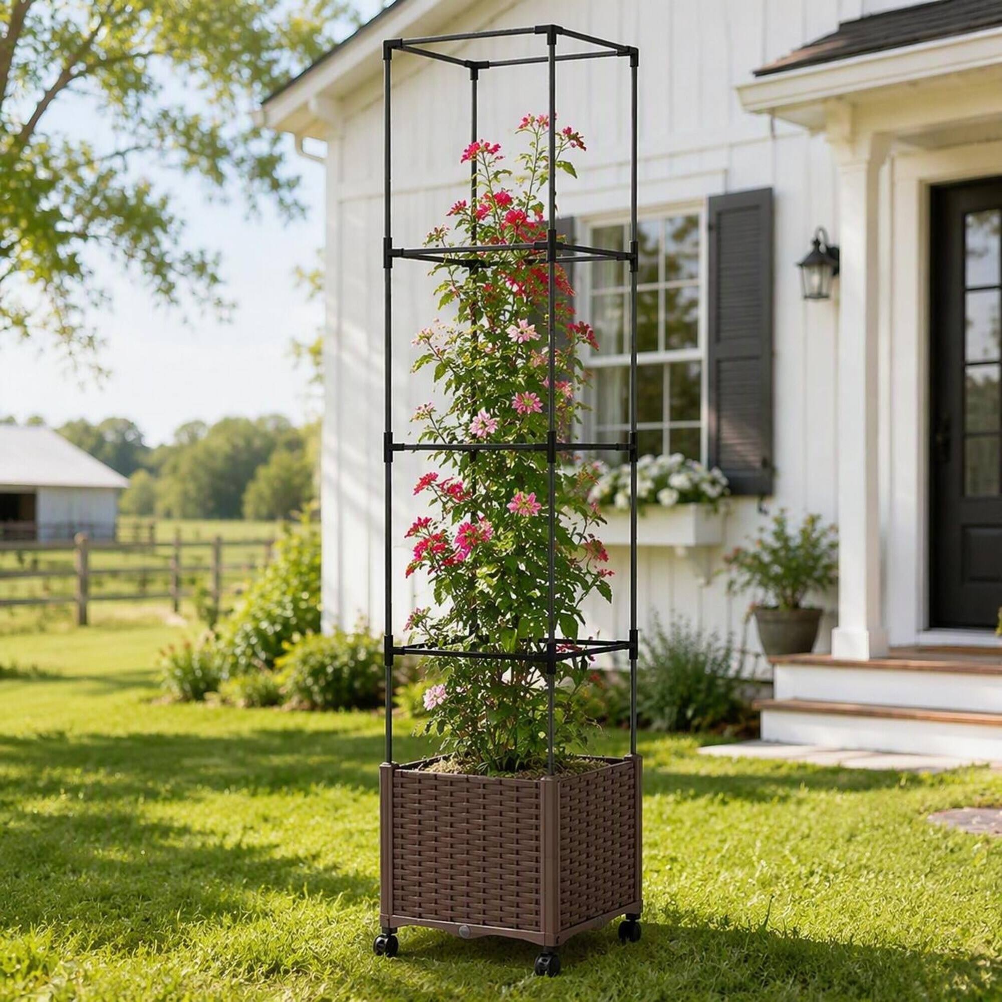 Angle. RYHNUYNE - Mobile Raised Garden Bed with Adjustable Trellis and Self-Watering Planter Box on Wheels, 15.7 by 15.7 by 71.7 - Brown.