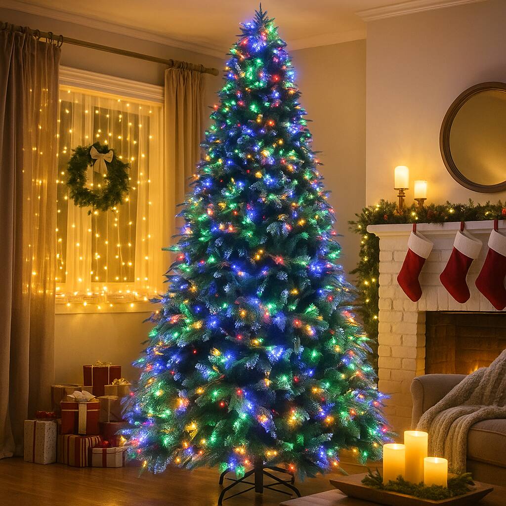 Front. BreeBe - Snowy Prelit Christmas Tree with Color Changing Lights & Hinged Design - Green.