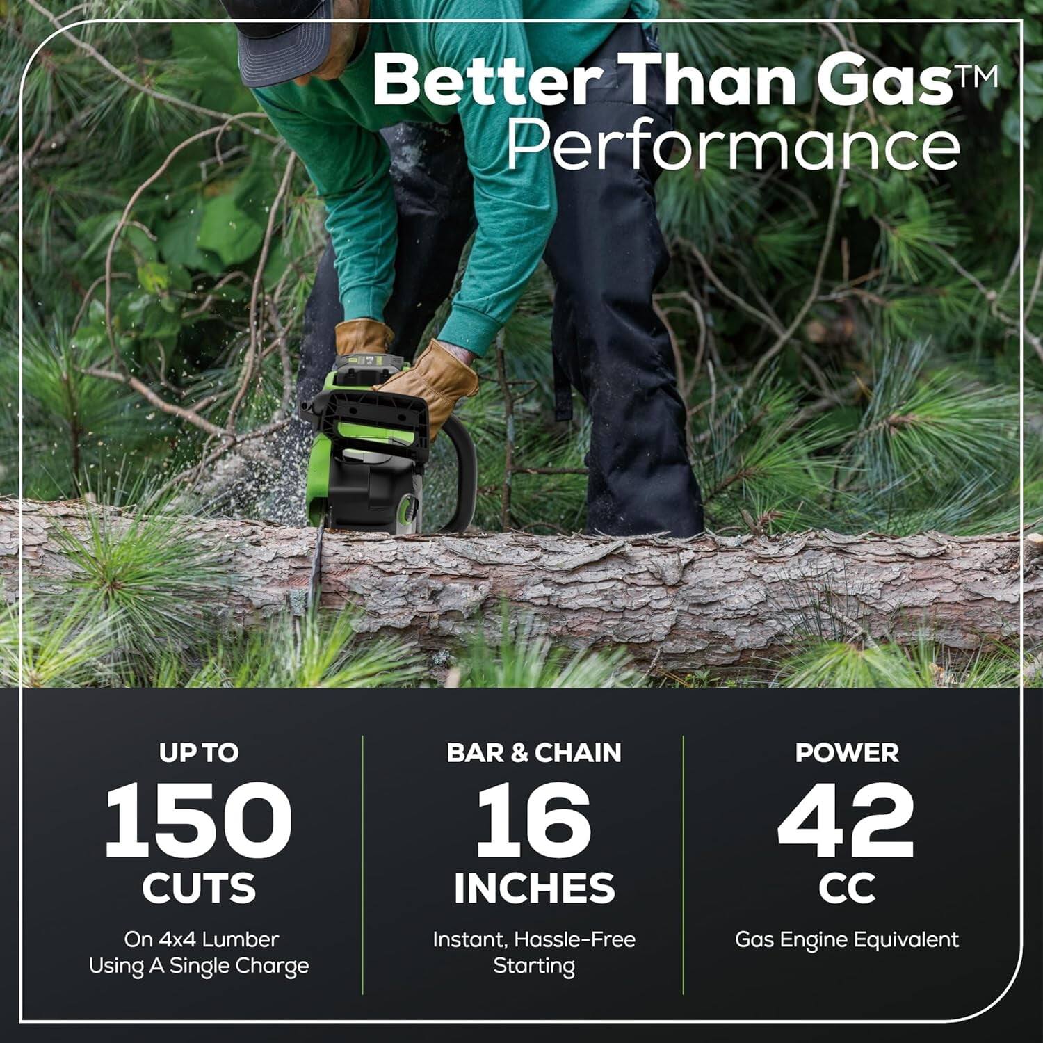 Better Than Gas™ Performance

- UP TO 150 CUTS
  - On 4x4 Lumber Using A Single Charge

- BAR & CHAIN
  - 16 INCHES
  - Instant, Hassle-Free Starting

- POWER
  - 42 CC
  - Gas Engine Equivalent