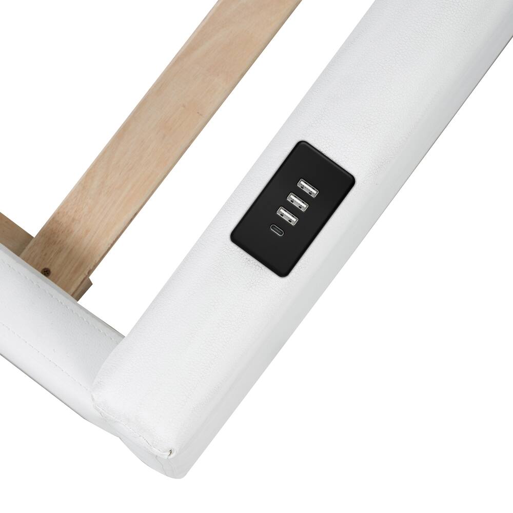 Alt View 8. Loheer - Loheer Twin Upholstered Platform Bed White Twin Bed with Guardrail and Charging Station - White.