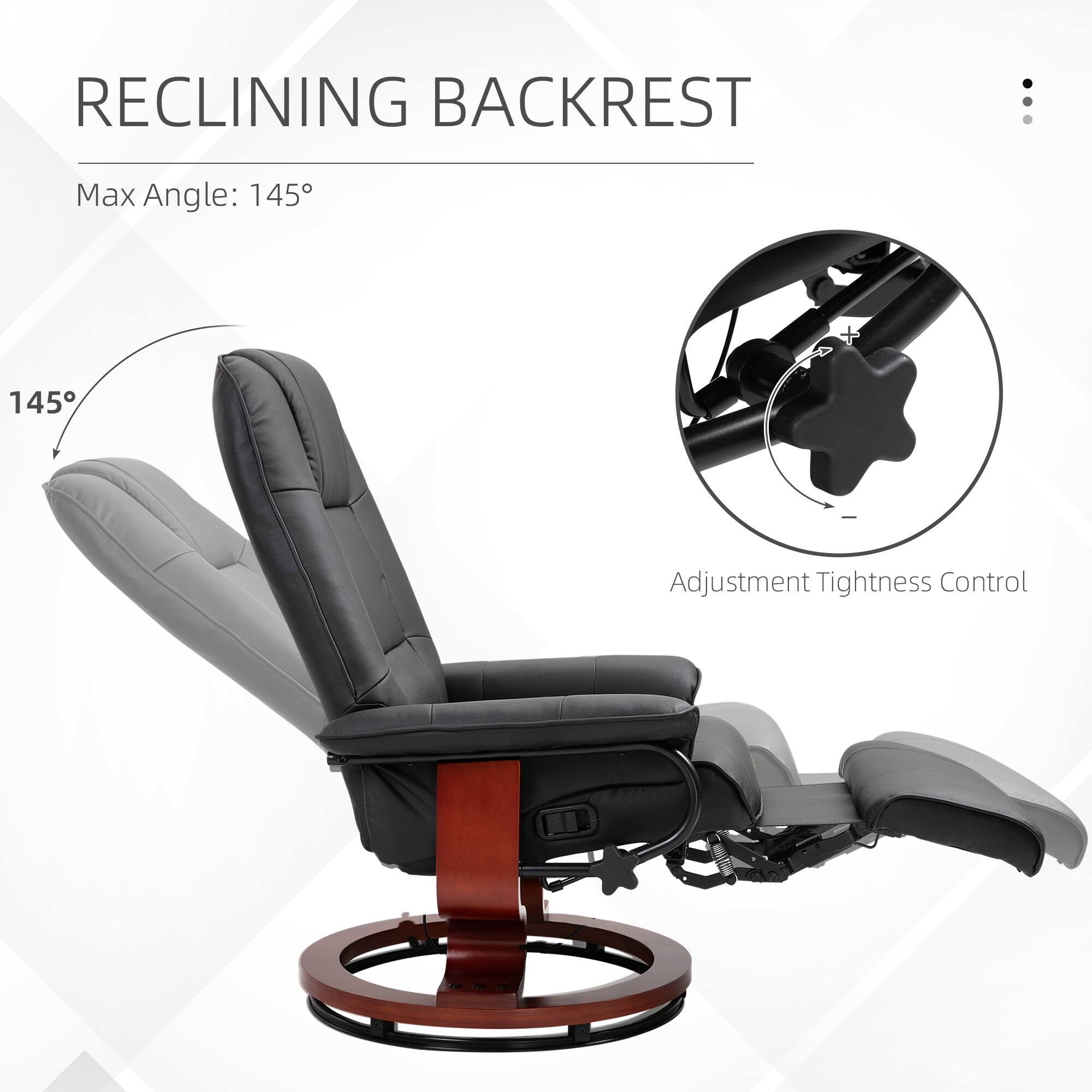 RECLINING BACKREST : Max Angle: 145° Adjustment Tightness Control