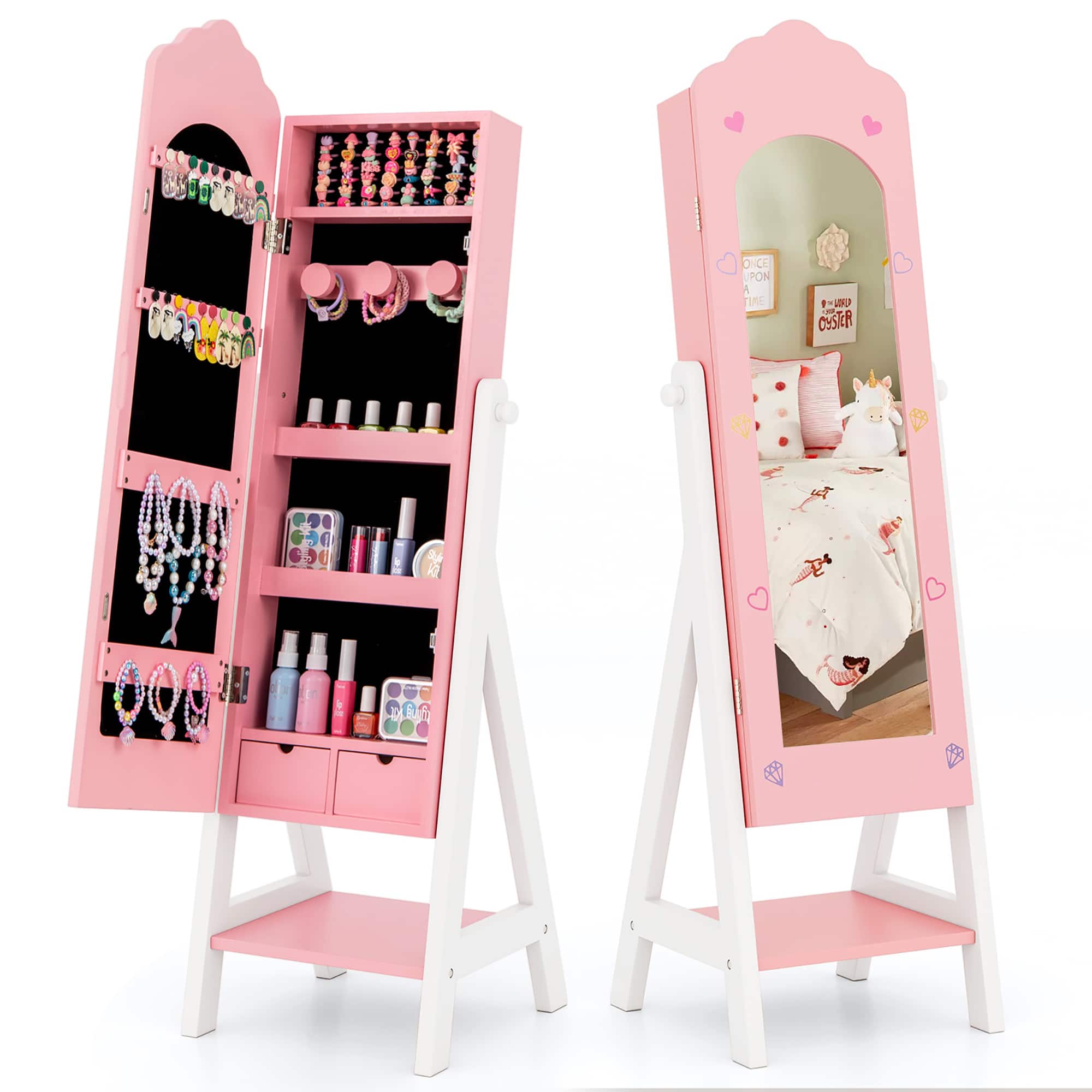 Gymax - Kids Jewelry Cabinet Standing Children Jewelry Organizer w/ Full-Length Mirror - Pink