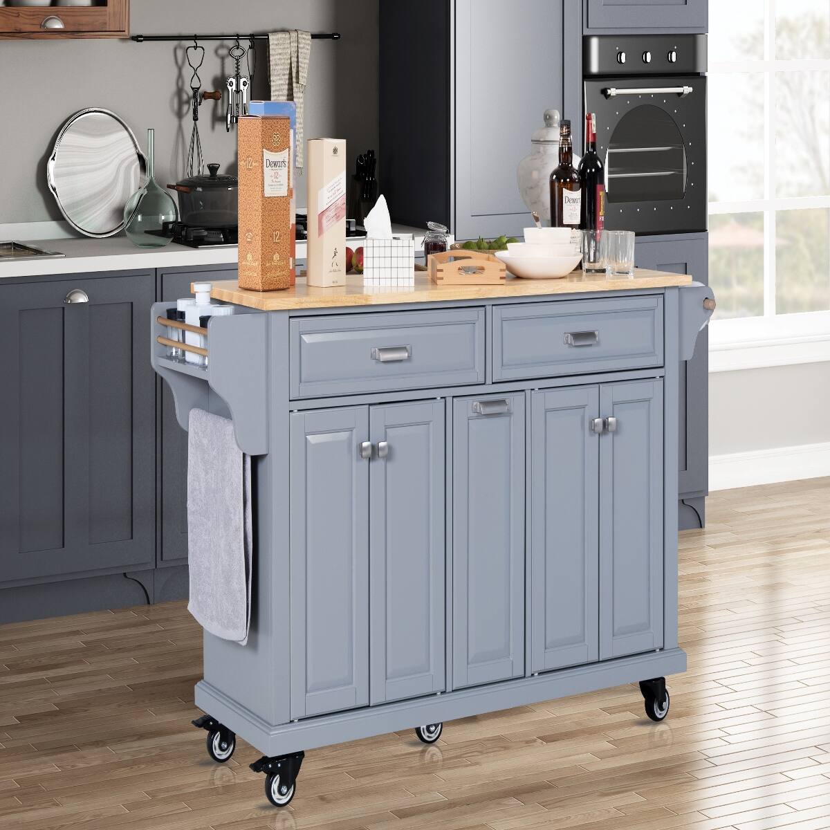 Front. Loheer - Loheer Grey Kitchen Island with Rubberwood Countertop Rolling Kitchen Cart on 5 Wheels - Grey.