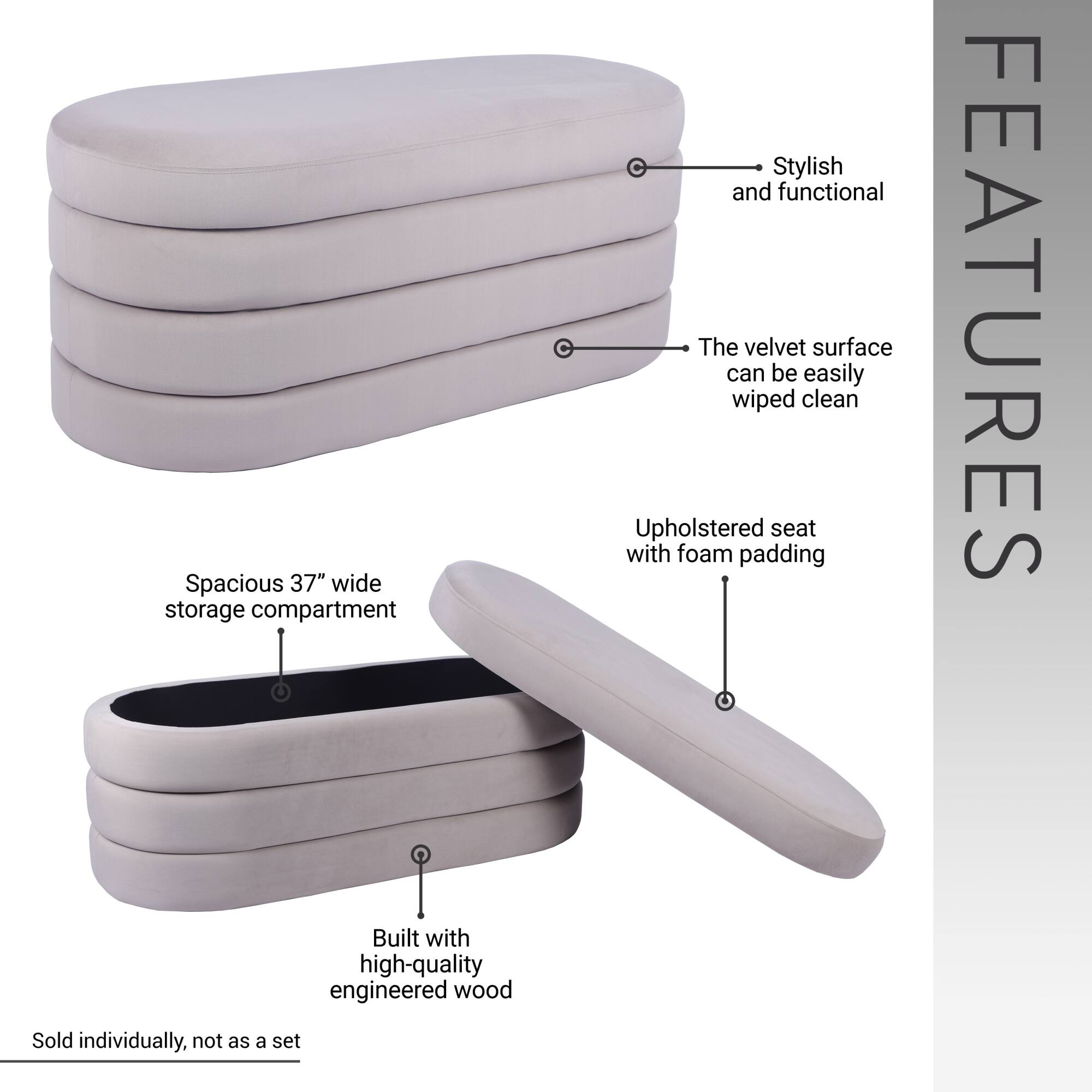 - Spacious 37" wide storage compartment
- Stylish and functional
- The velvet surface can be easily wiped clean
- Upholstered seat with foam padding
- Built with high-quality engineered wood
- Sold individually, not as a set