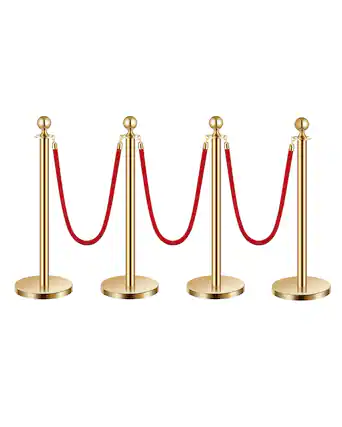 Front. VEVOR - Stanchions and Velvet Ropes 4Pcs, Hollow Base with Stainless Steel Post, 3 Red Velvet Ropes and Posts - Gold red velvet.