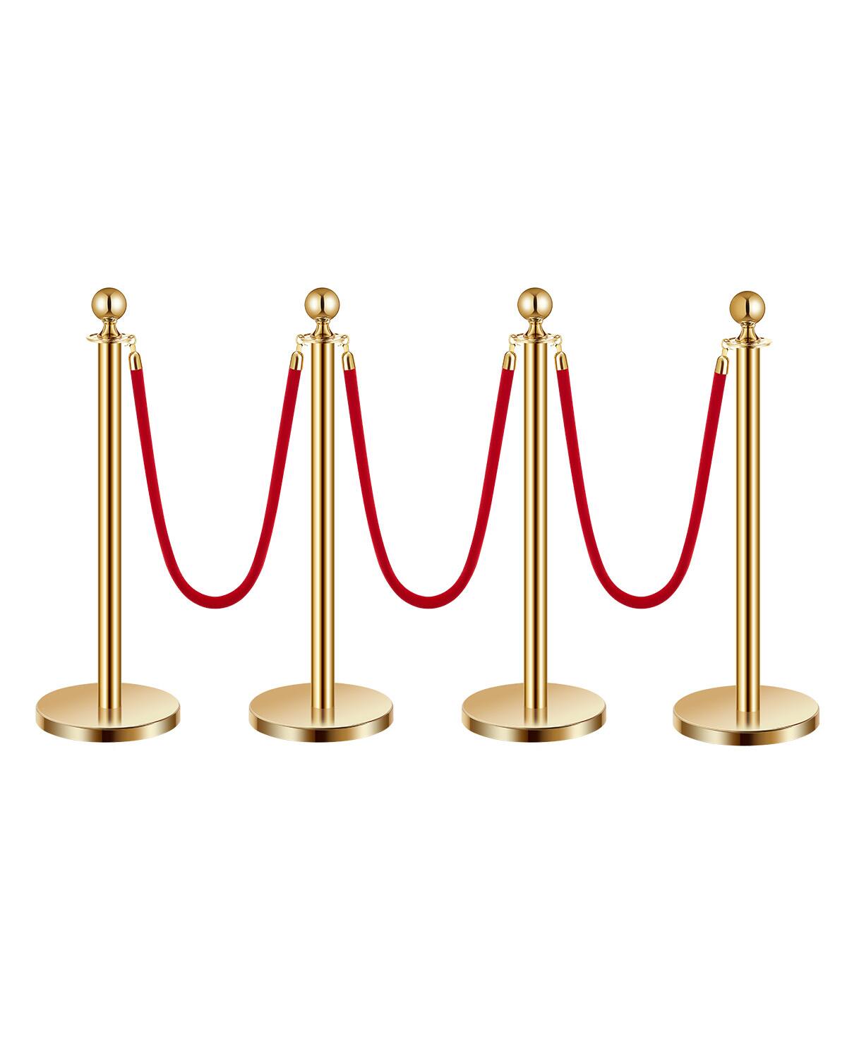 Front. VEVOR - Stanchions and Velvet Ropes 4Pcs, Hollow Base with Stainless Steel Post, 3 Red Velvet Ropes and Posts - Gold red velvet.