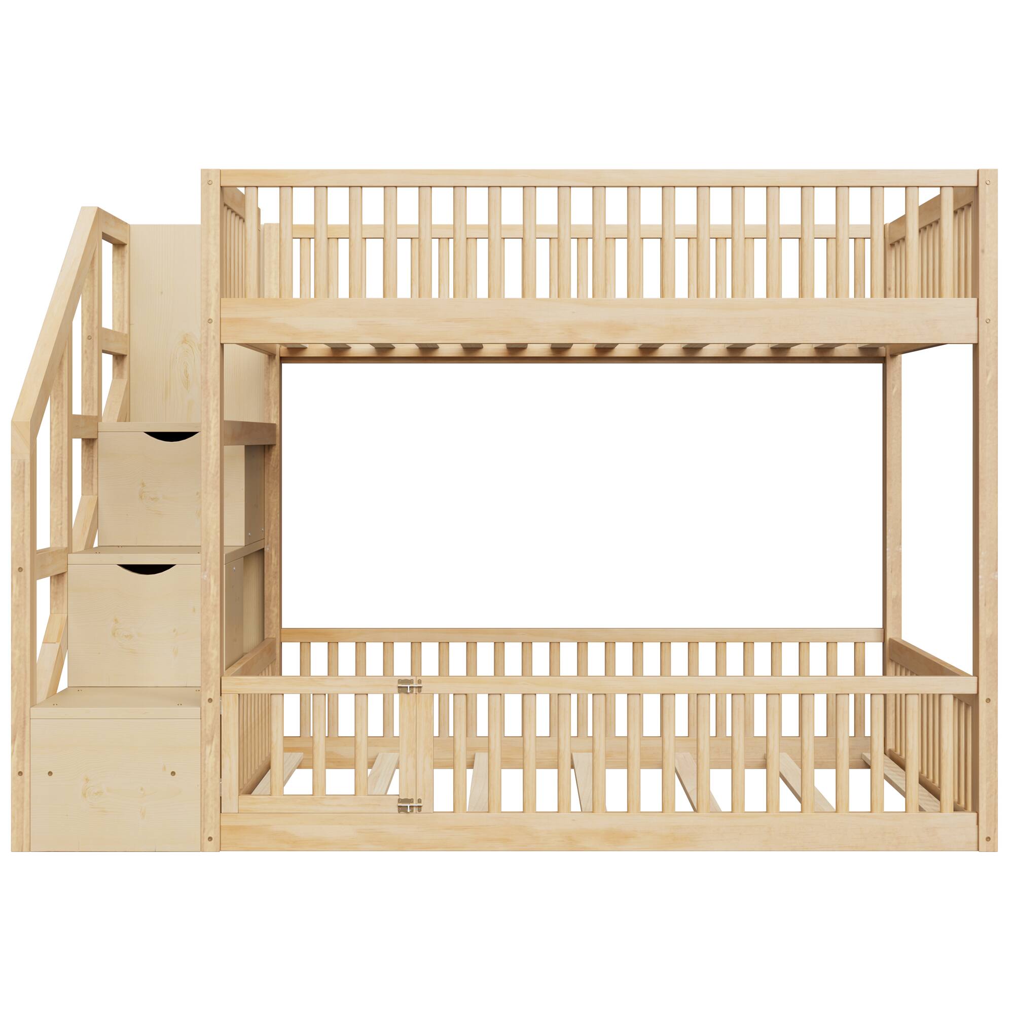 Back. Whisen - Full over Full Floor Bunk Bed,Low-Profile Bunk Bed with Storage Staircase & Guardrails - Natural.