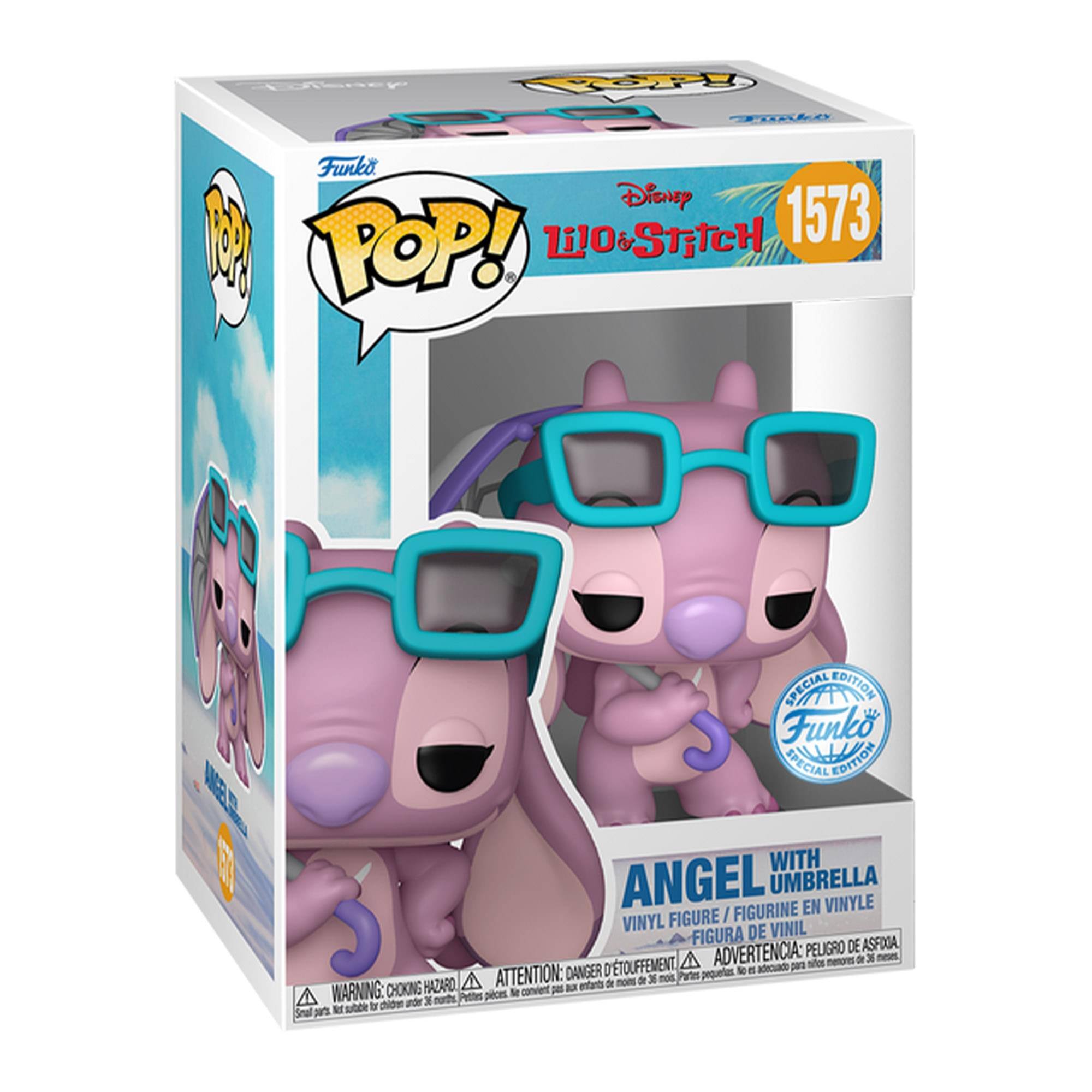 Sure, here is the corrected and grouped text from the image:

---

**Front:**
- Disney Lilo & Stitch
- 1573
- Funko POP!
- Angel with Umbrella
- Special Edition
- Funko Special Edition

**Side:**
- Angel with Umbrella
- Vinyl Figure / Figurine en Vinyle / Figura de Vinil

**Bottom:**
- WARNING: CHOKING HAZARD - Small parts. Not for children under 3 years.
- ATTENTION: PEU DE RISQUE D'ÉTOUFFEMENT - Ne convient pas aux enfants de moins de 3 ans.
- ADVERTENCIA: PEUGO DE ASFIXIA - No es adecuado para niños menores de 3 años.

**Top:**
- Funko POP!

**Additional:**
- (Age recommendation symbol: 3+)

---