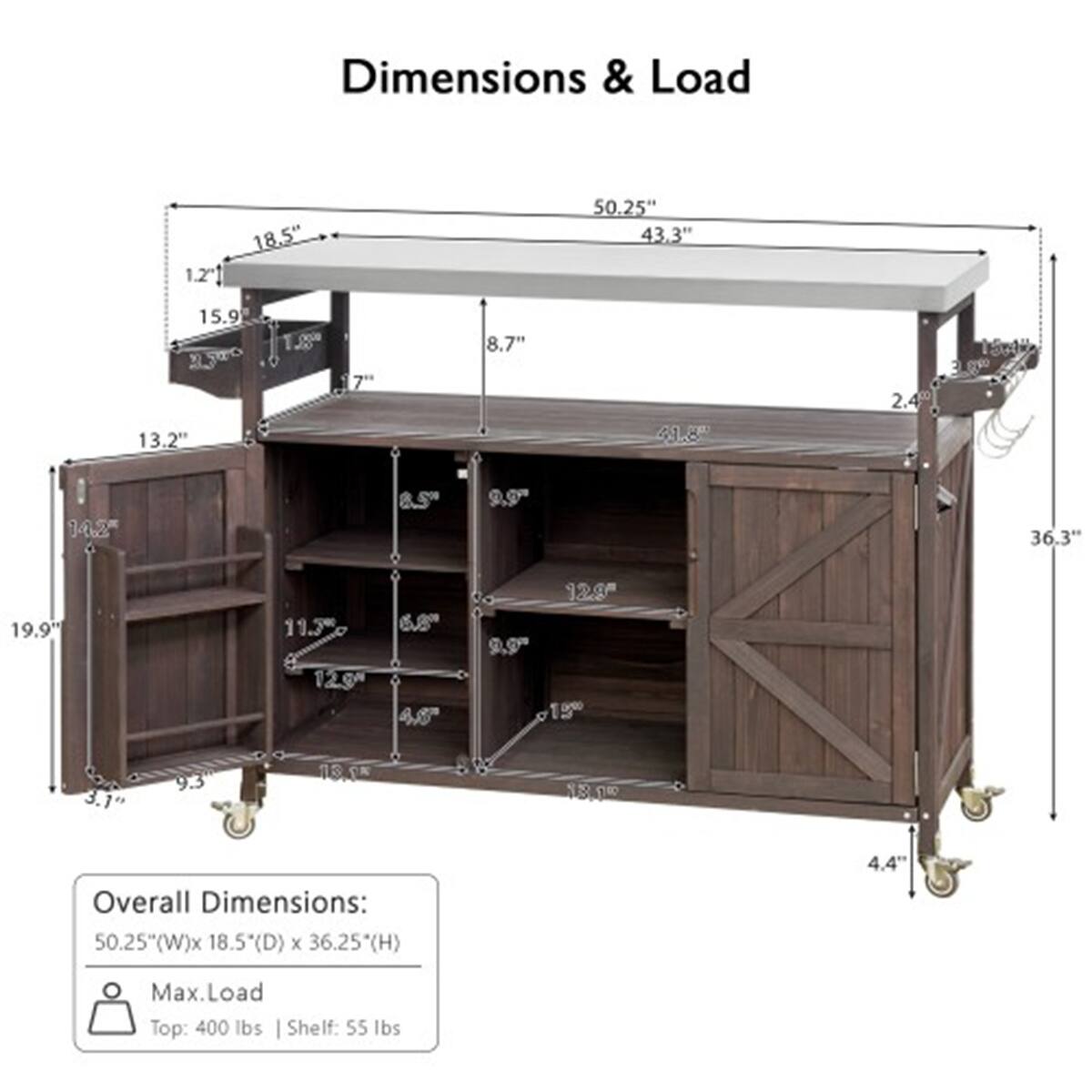 Dimensions & Load

Overall Dimensions: 50.25" (W) x 18.5" (D) x 36.25" (H)

Max. Load
- Top: 400 lbs
- Shelf: 55 lbs

Dimensions:
- 1.2"
- 18.5"
- 50.25"
- 43.3"
- 15.9"
- 2.540"
- 13.2"
- 1.7"
- 8.7"
- 49.8"
- 2.4"
- 0.5"
- 9.9"
- 36.3"
- 19.9"
- 11.3"
- 12g"
- 6.8"
- 4S"
- 92.8"
- 9.9"
- 15"
- 3.1"
- 9.3"
- 16.55"
- 13.10"