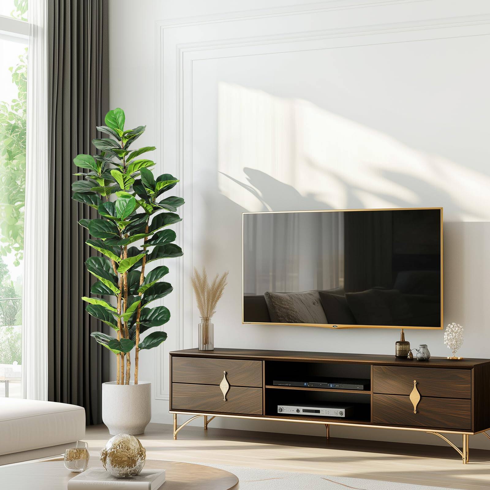 Alt View 2. Homhougo - 6 FT Faux Fiddle Leaf Fig Tree with White Tall Planter, Faux Trees with Artificial Plants 56 Fiddle Leaves Greenery - Green.