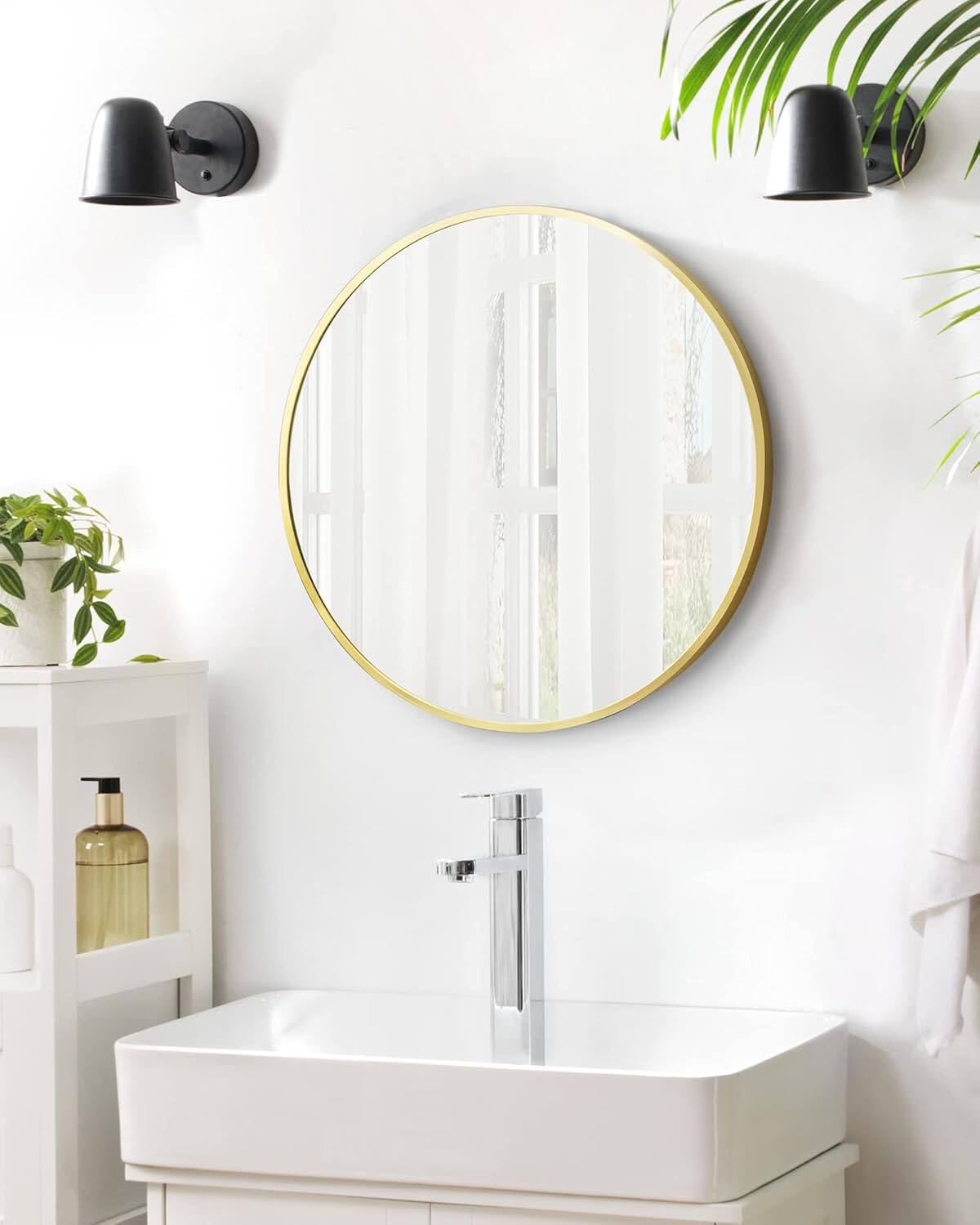 Back. Songmics Home - 24-Inch Round Wall Mirror – Elegant Gold Metal Frame for Bathroom/Living Room/Bedroom/Entryway - Gold.