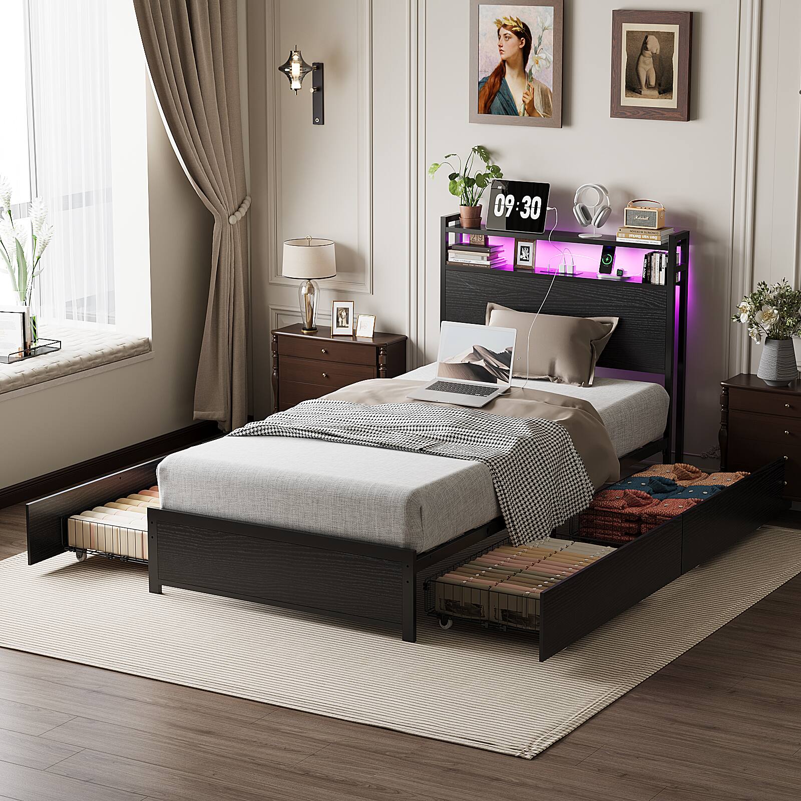 Alt View 9. Winado - Bed Frame Twin Size with 4 Storage Drawers and Storage Headboard Metal Platform with Charging Station and LED Lights - Black.