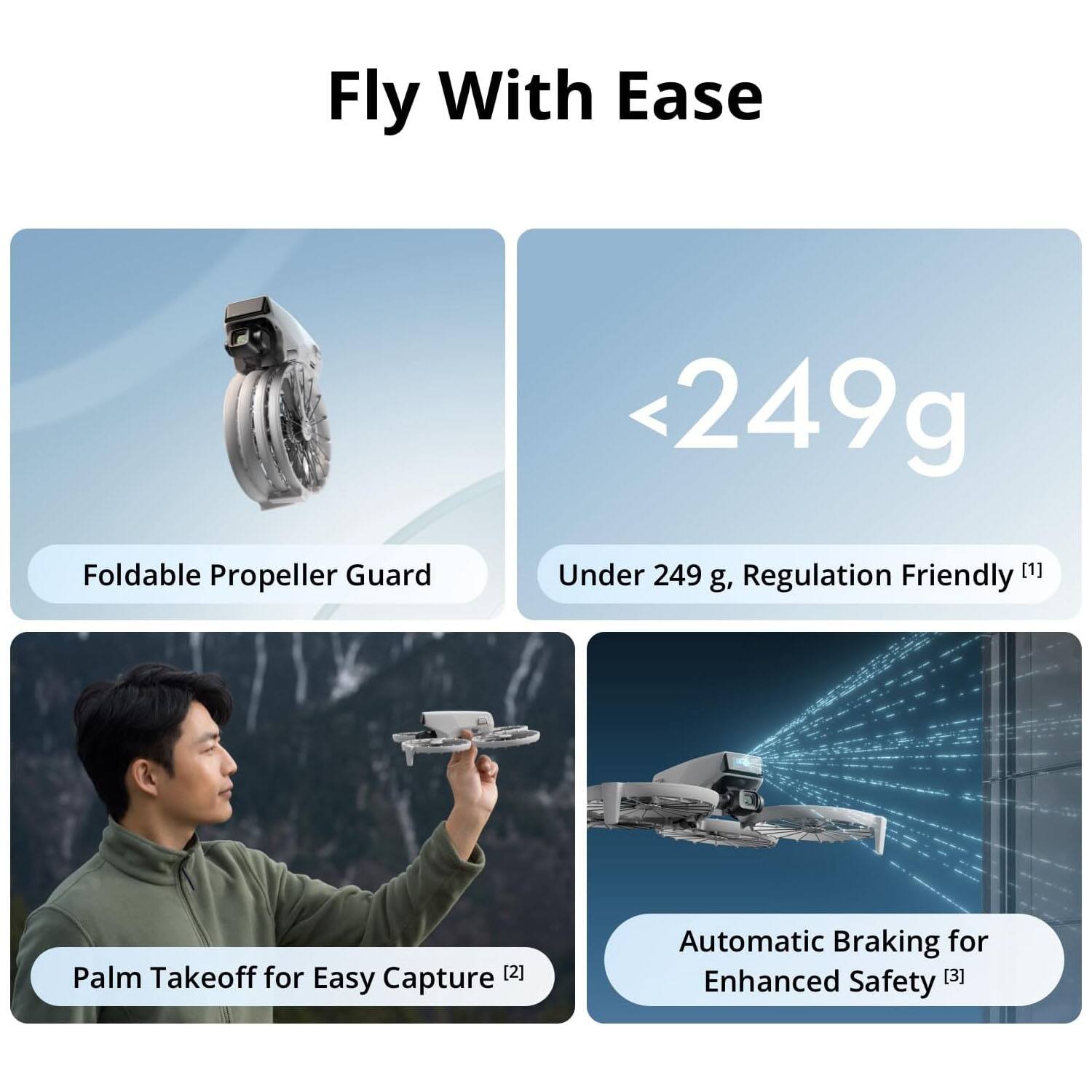 Fly With Ease

1. Foldable Propeller Guard
2. Under 249 g, Regulation Friendly
3. Palm Takeoff for Easy Capture
4. Automatic Braking for Enhanced Safety
