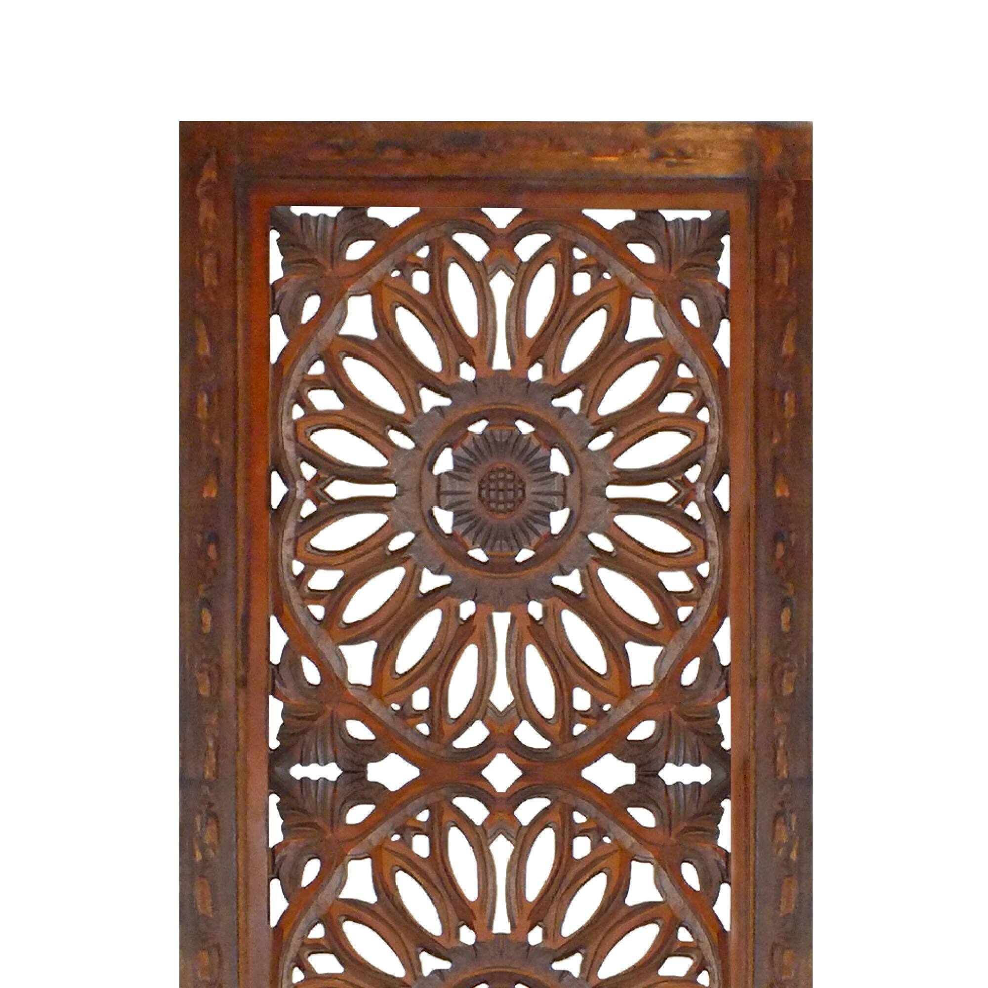 Alt View 1. Manhattan Lane - Set of 2 Hand Carved Mango Wood Wall Panels: Burnt Brown Medallion Design - Brown.