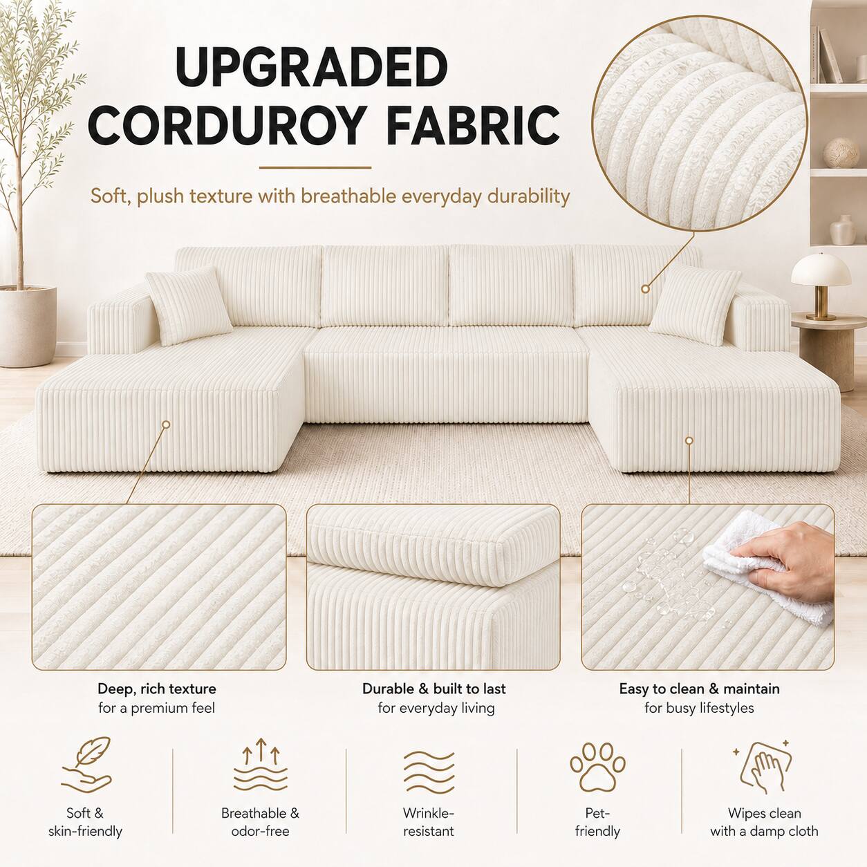 UPGRADED CORDUROY FABRIC

Soft, plush texture with breathable everyday durability

Deep, rich texture for a premium feel

Durable & built to last for everyday living

Easy to clean & maintain for busy lifestyles

Soft & skin-friendly

Breathable & odor-free

Wrinkle-resistant

Pet-friendly

Wipes clean with a damp cloth