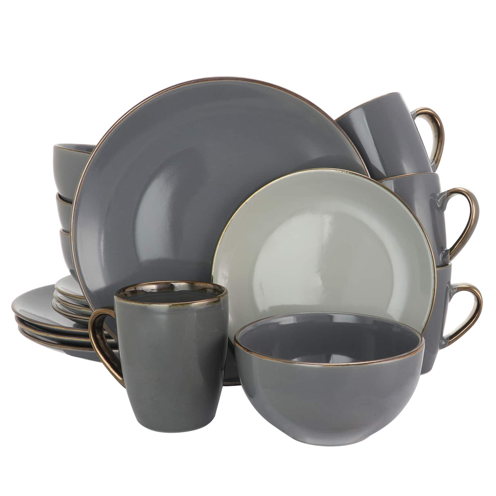 Front. Elama - Elama Tahitian Grand 16 Piece Stoneware Dinnerware Set in Gray - Gray.