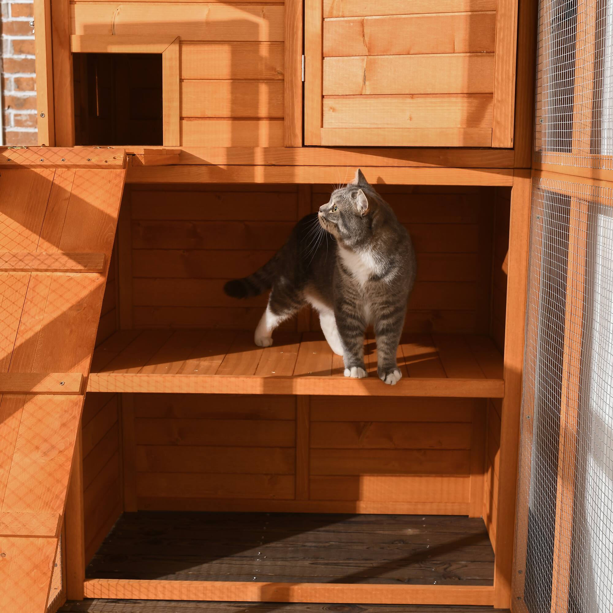 Alt View 5. Pawhut - Catio Outdoor Cat Enclosure, Wooden Cat Patio Window Box with Platforms, Waterproof Asphalt Roof, Ramps, 77" L.